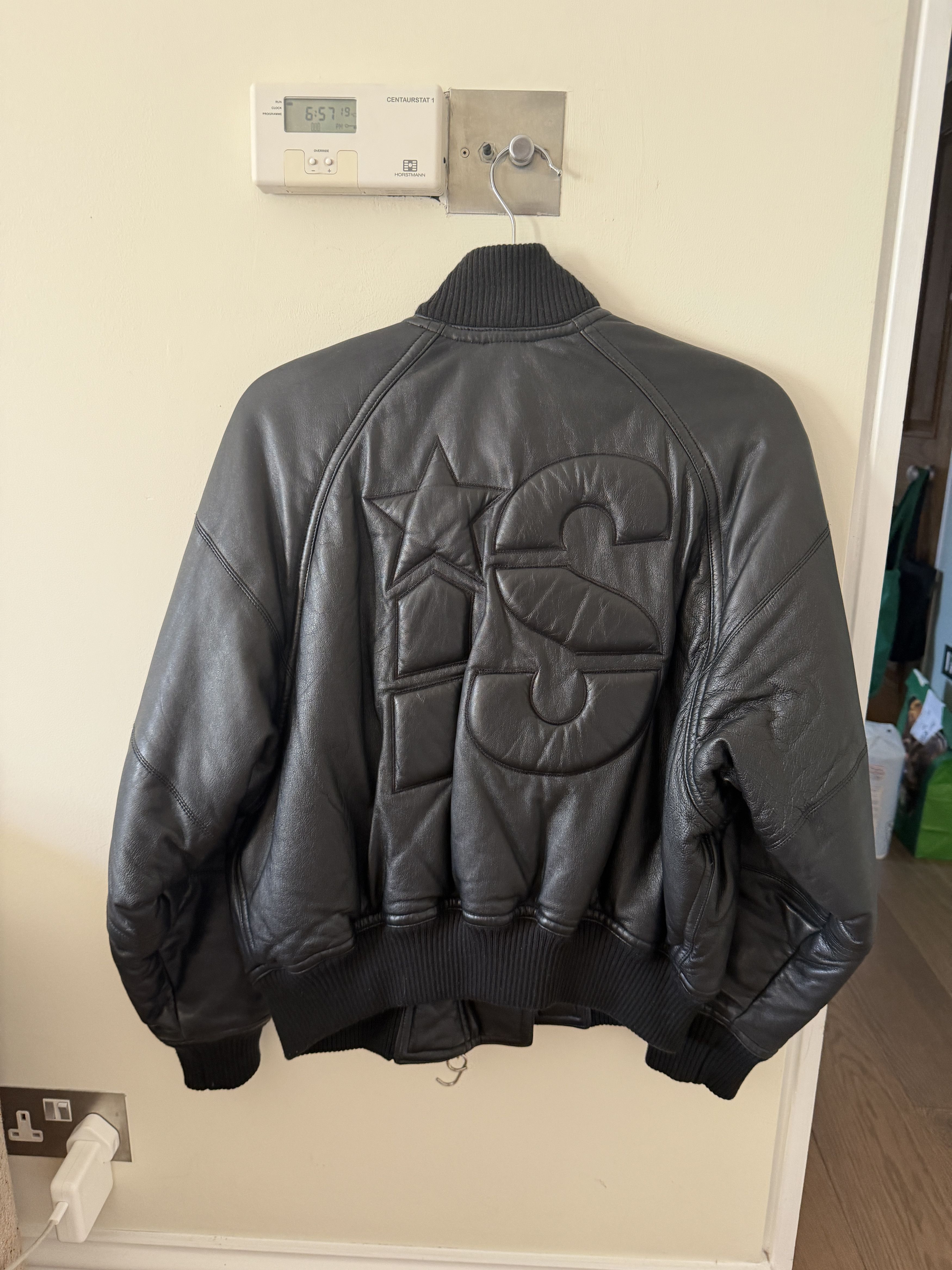 Issey Miyake 80S ISSEY MIYAKE RED LEATHER SLEEVE VARSITY JACKET (M