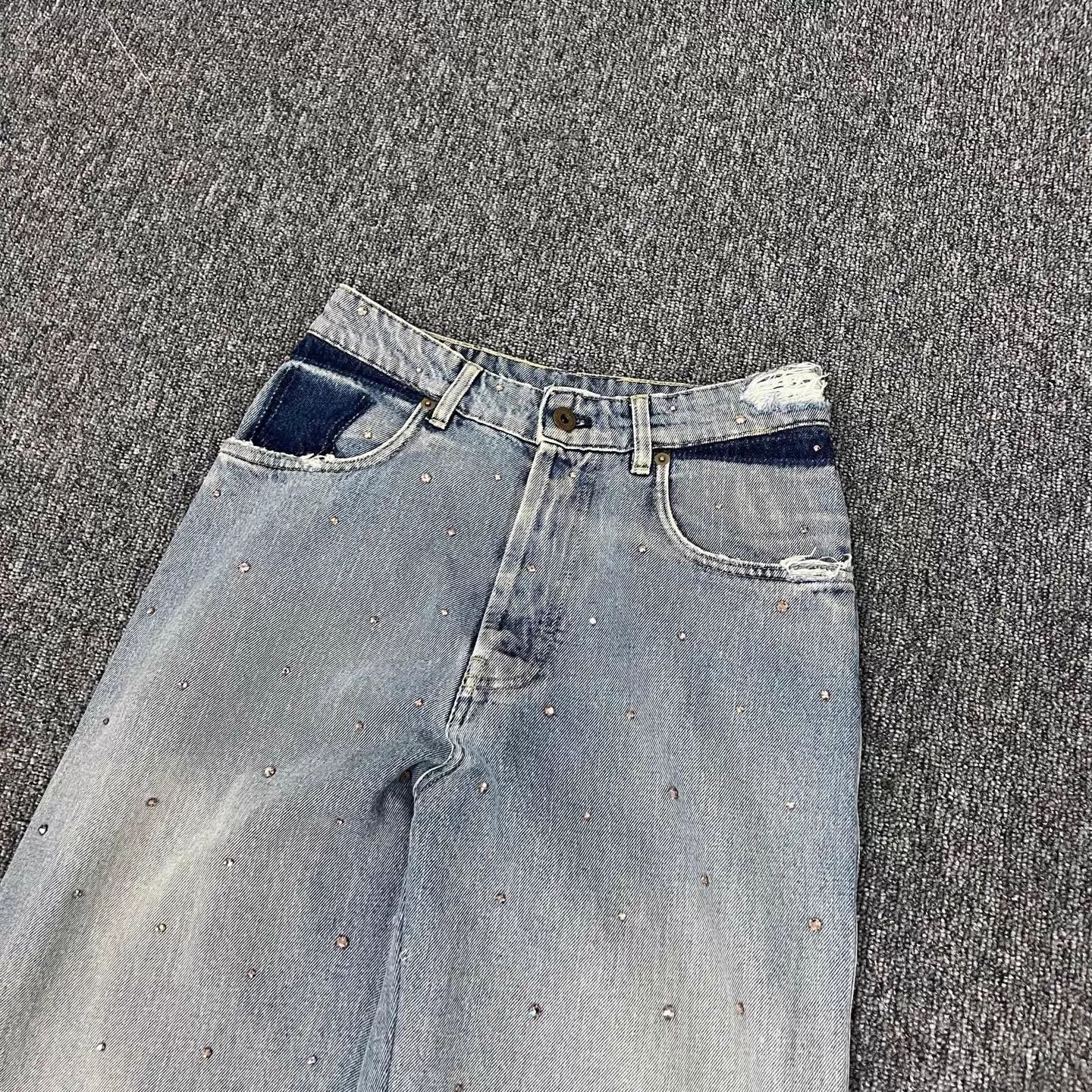 Miu Miu MIUMIU Lt.Blue Crystal Distressed Wide Leg Jean US25 99N Size 25" / US 0 / IT 36 - 3 Thumbnail