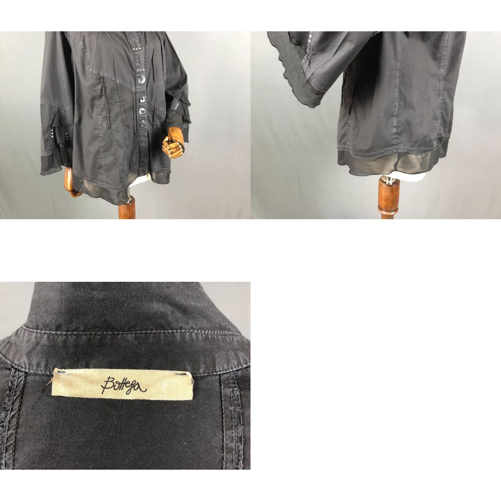 Vintage Bottega Blouse Shirt Cotton Women's L Black Bell Sleeve Collared Button Knit Ruffle Vintage No Size ONE SIZE - 8 Thumbnail