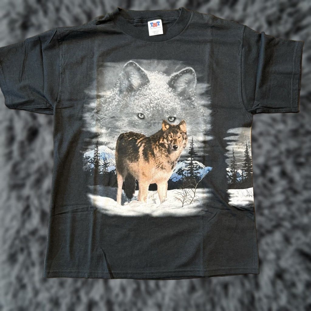 Vintage VINTAGE 90s Howling Wolf Moon All Over Print T Shirt Large Nature Wild Animal TNT Mens Short Sleeve Crew Neck Cotton Black Size US L / EU 52-54 / 3 - 1 Thumbnail