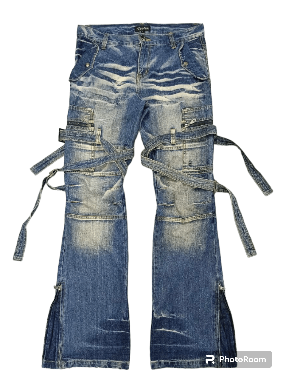 image of 14Th Addiction x Distressed Denim Flare Sick Bondage Zipper Topism Denim Pants in Blue Distressed (