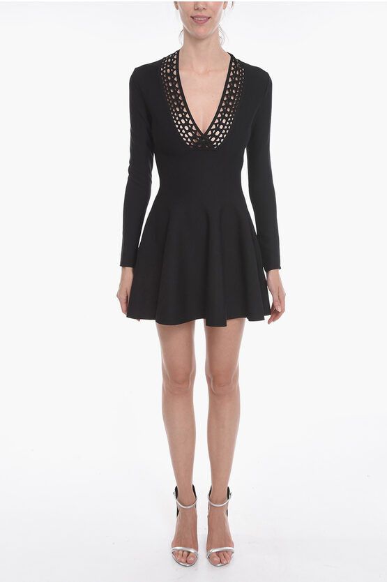 image of Alaia Openwork Neckline Vienne Flared Dress in Black, Women's (Size Medium)
