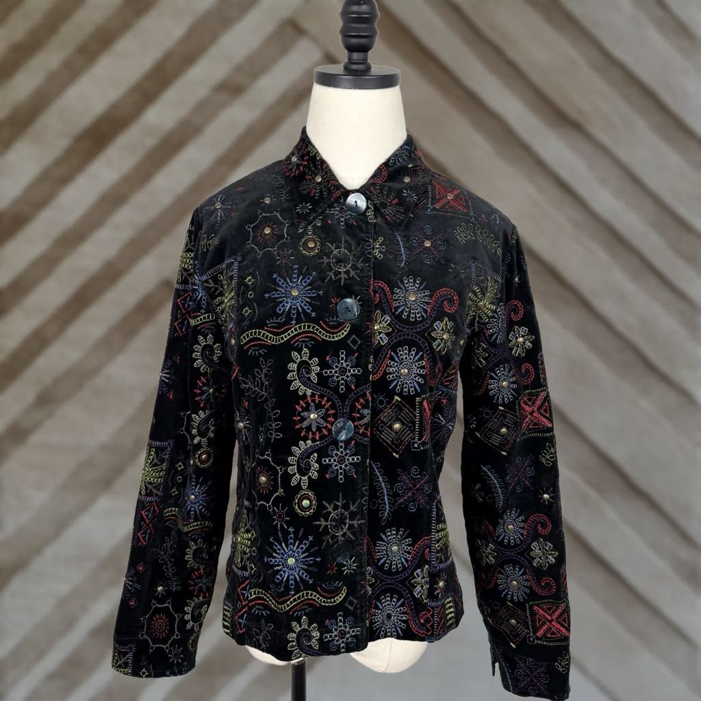 Vintage Chicos Jacket Womens Small Black Velvet Embroidered Studded 90s Bohemian Western Vintage Coat Short Sleeve Button Front Stretch Size S / US 4 / IT 40 - 1 Thumbnail