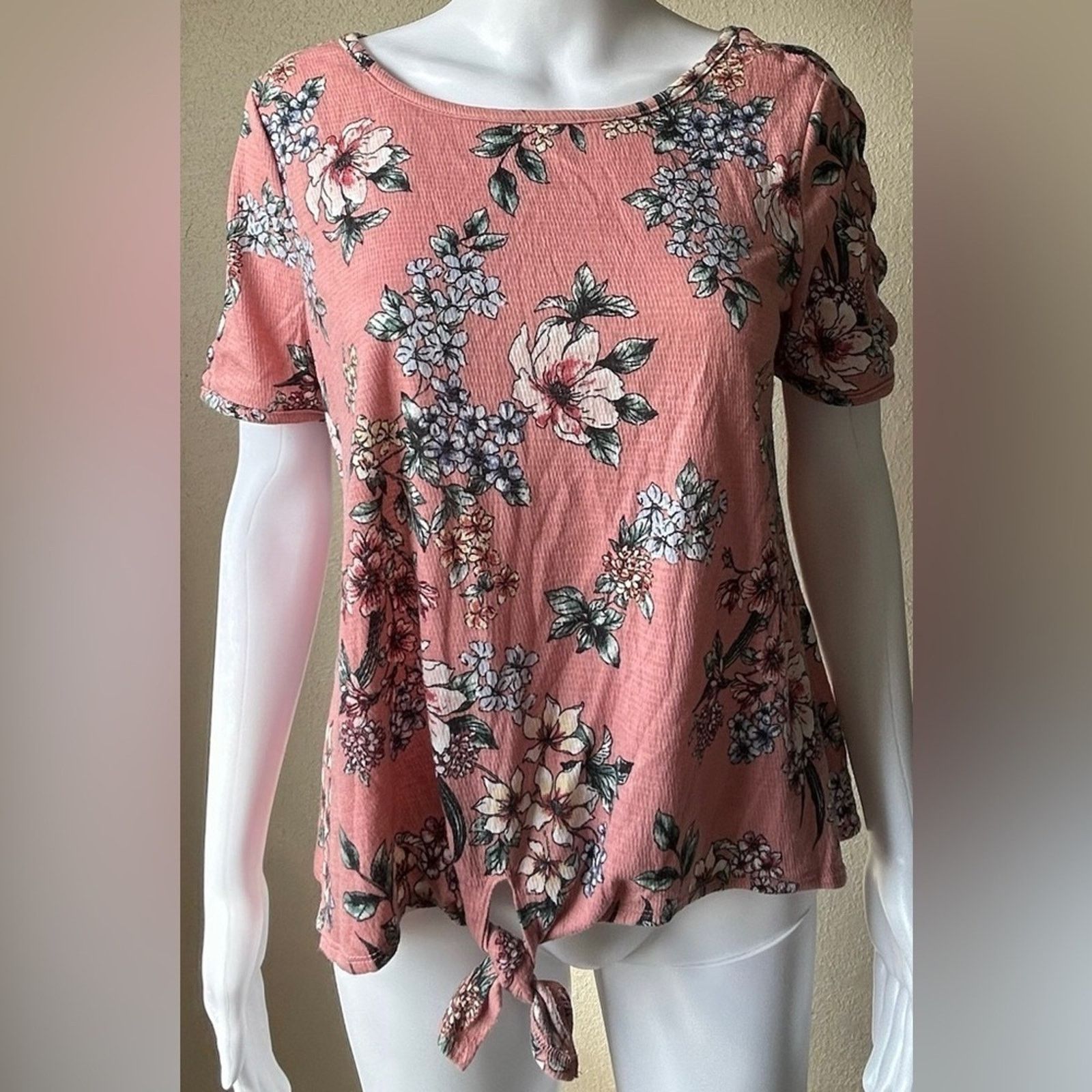 Other Iz Byer | Floral Knotted Tie Short Sleeve Blouse | Large Size L / US 10 / IT 46 - 1 Thumbnail