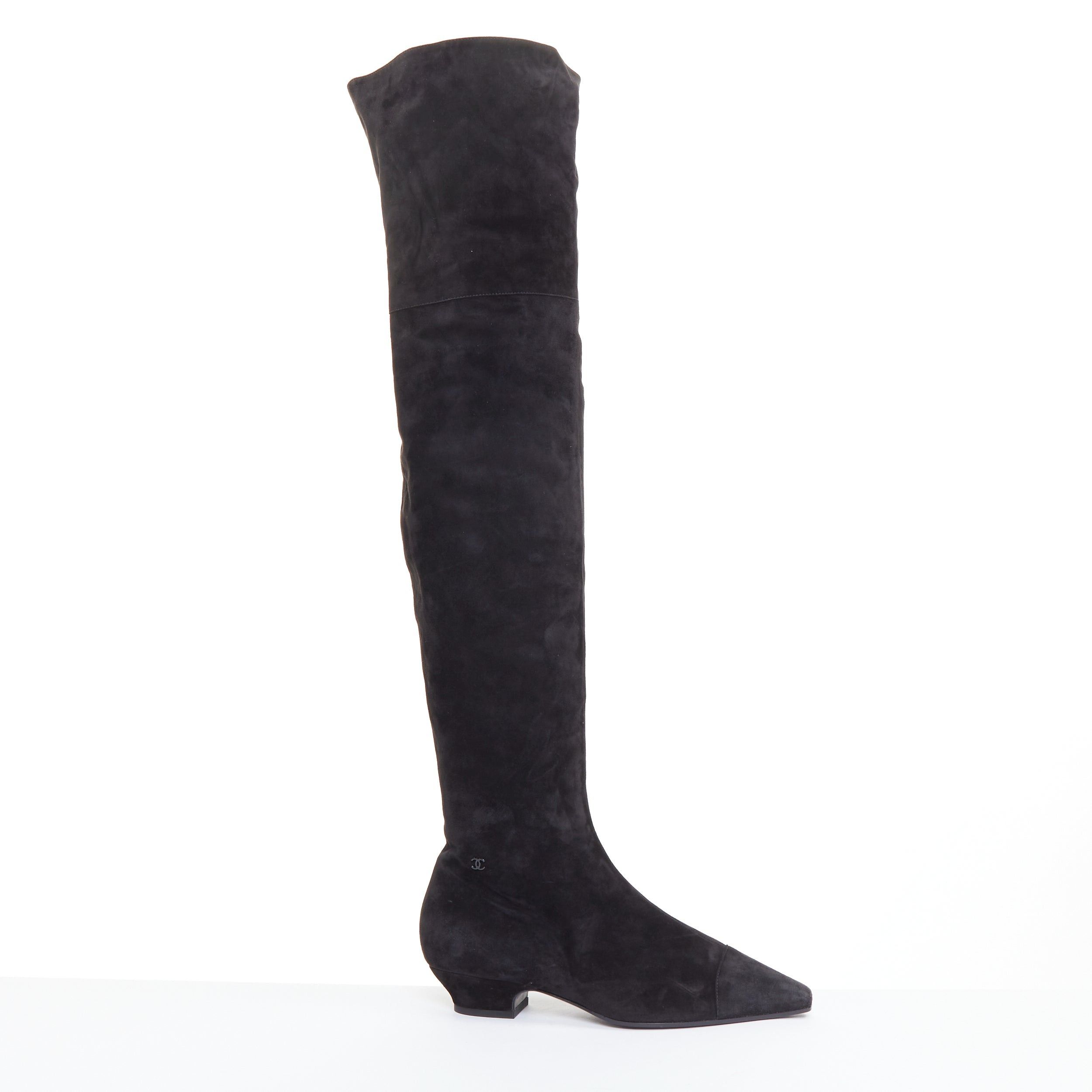 Chanel CHANEL 2018 Runway Forest Fairies black suede pointed square toe over knee boots EU38 Size US 8 / IT 38 - 1 Thumbnail