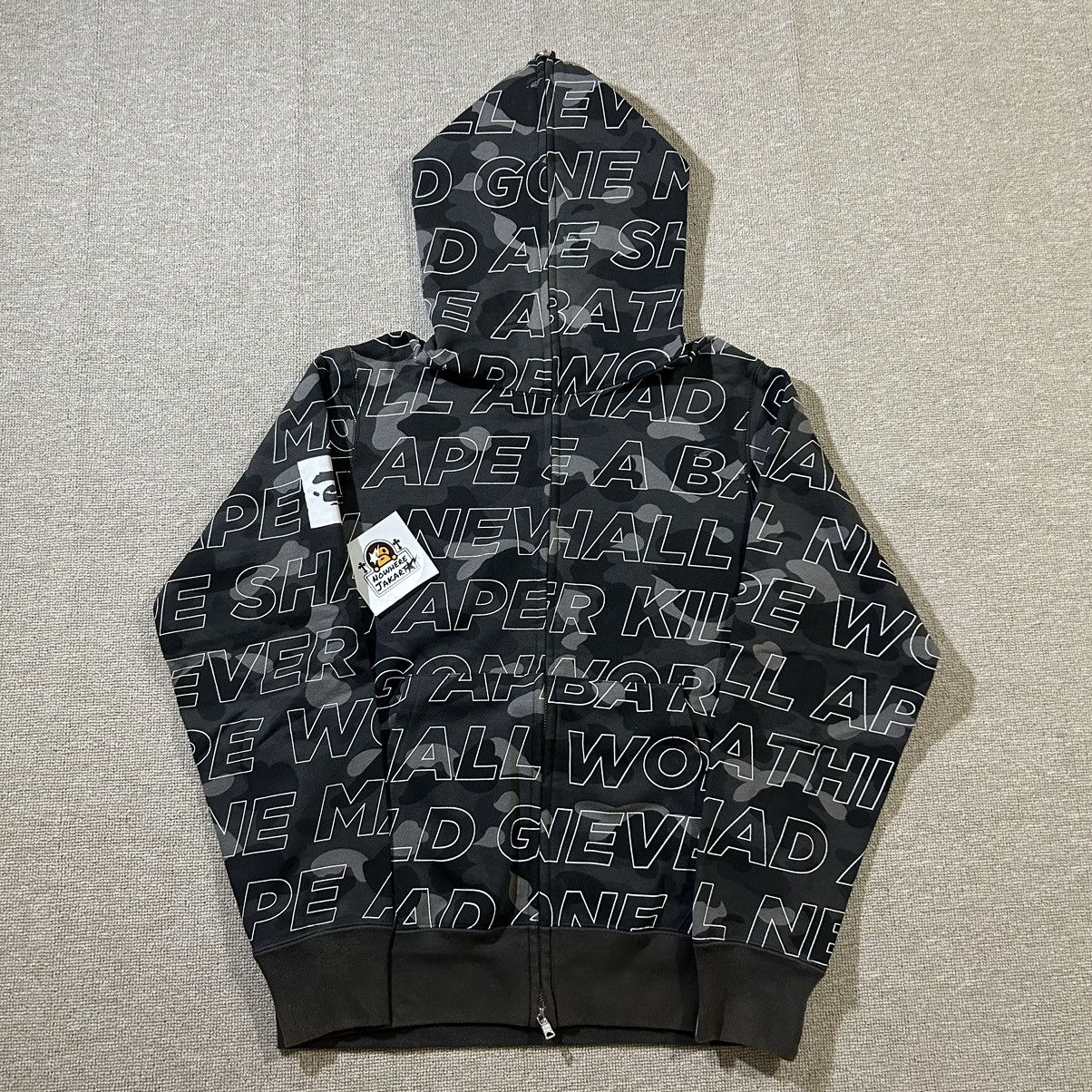 image of Bape Black Text Camo Full Zip Hoodie, Men's (Size Medium)