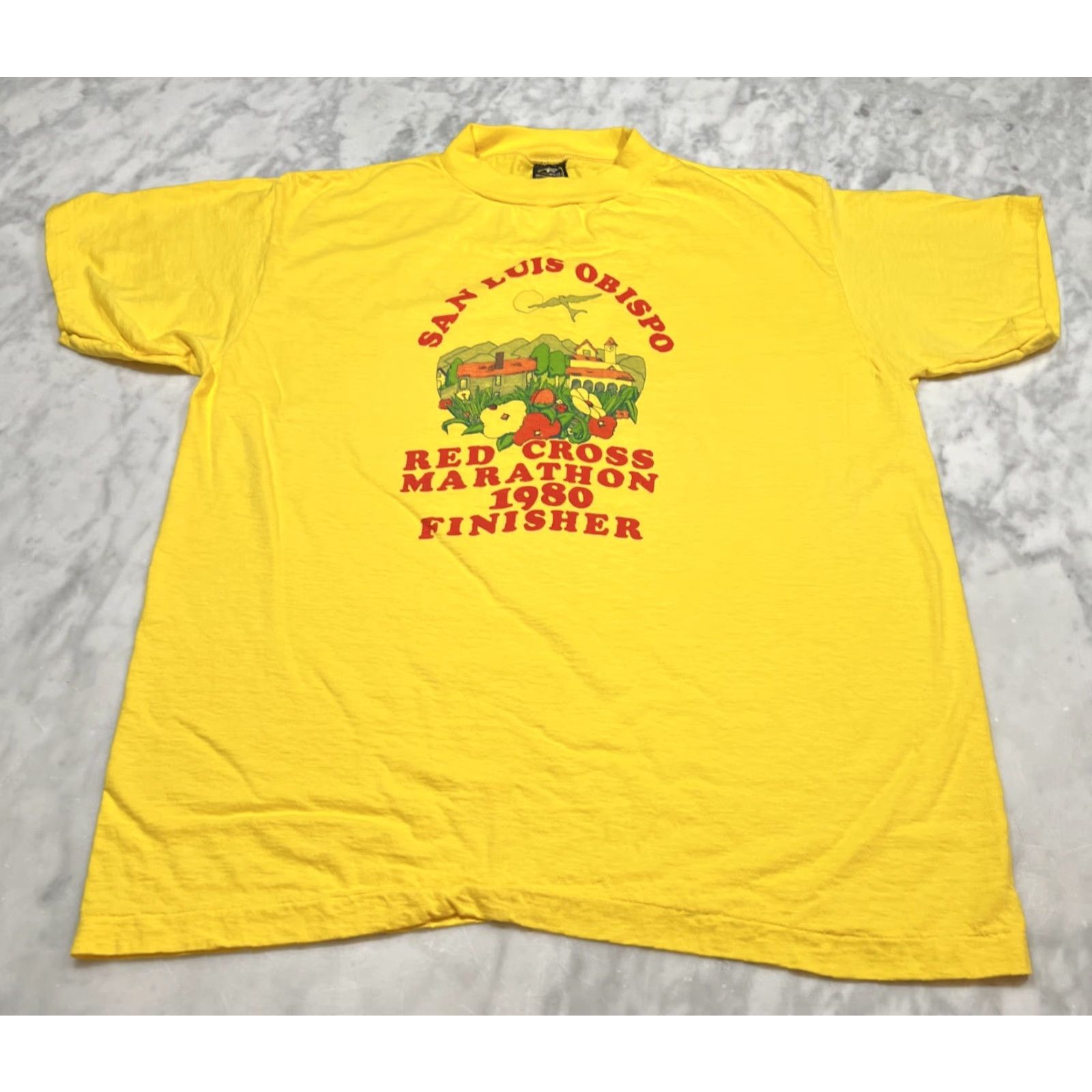 Anvil VINTAGE Red Cross Marathon Finisher Shirt San Luis Obispo 1980s Anvil XL Unisex Short Sleeve Yellow/Red Graphic Tee Men Women Size US XL / EU 56 / 4 - 2 Thumbnail