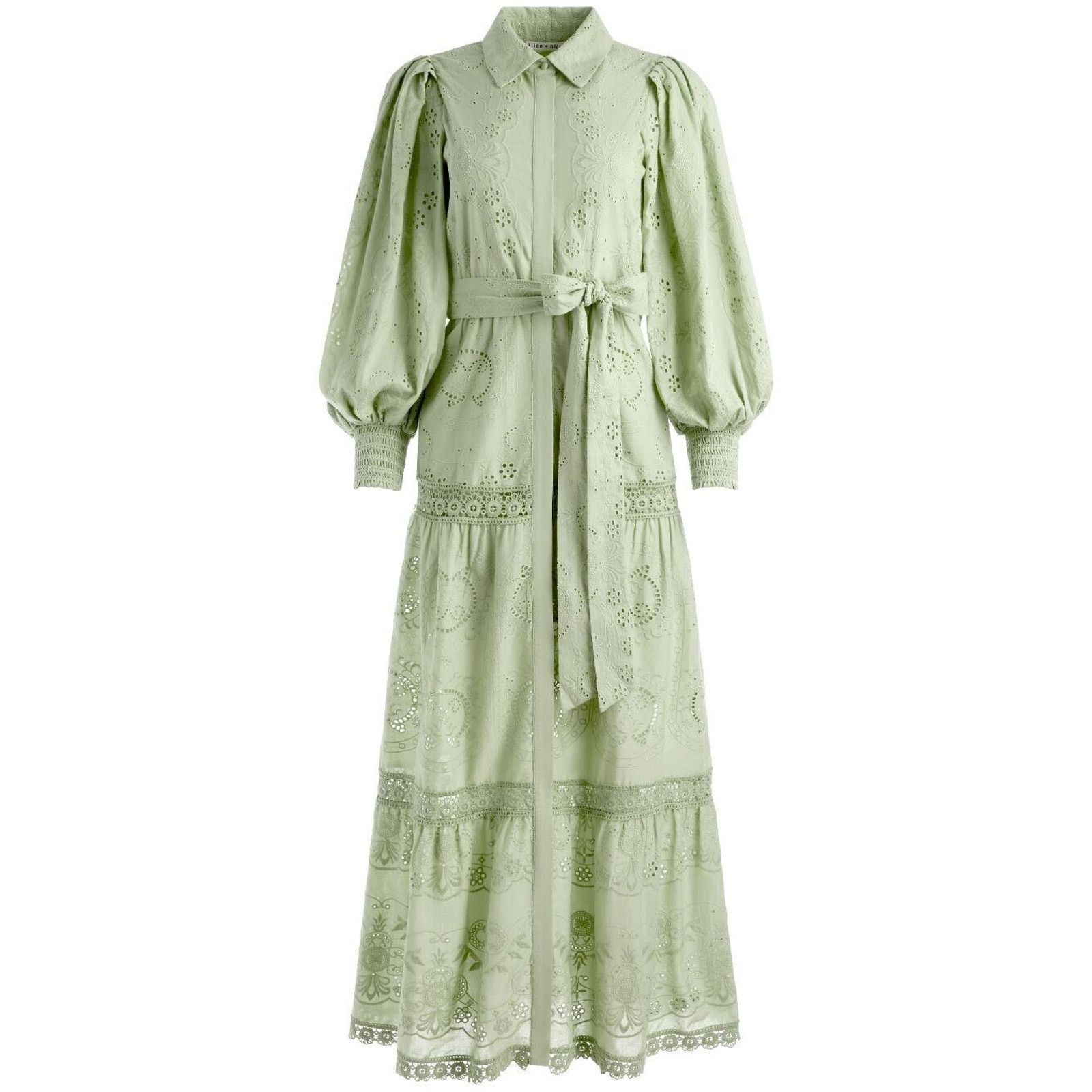 Alice + Olivia ALICE + OLIVIA LILLY EYELET COTTON DRESS BELTED GREEN SZ 2 Size XS / US 0-2 / IT 36-38 - 6 Thumbnail