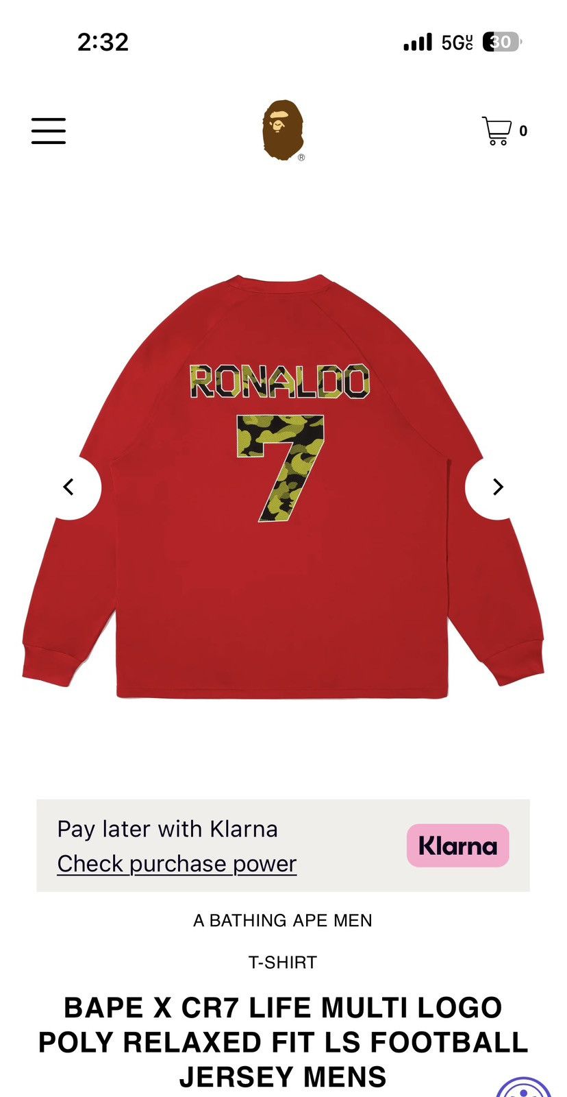 Bape Bape x CR7 Red Multi Logo Ronaldo Jersey Long Sleeve Size US L / EU 52-54 / 3 - 9 Thumbnail