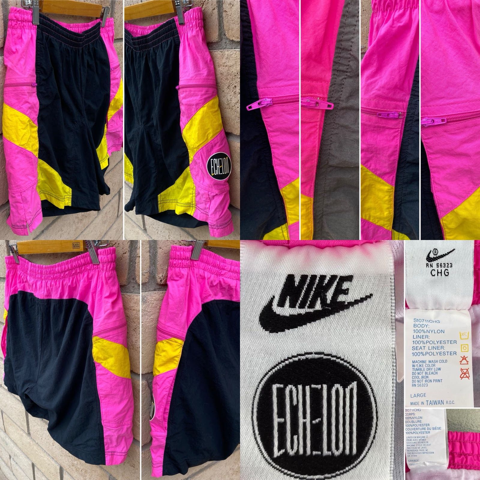 Nike VINTAGE Nike Echelon Men’s Nylon Shorts Ball Black Pink Yellow Geometric Logo Drawstring Pockets 1980s 1990s Cycling Mens L Size US 33 - 11 Thumbnail