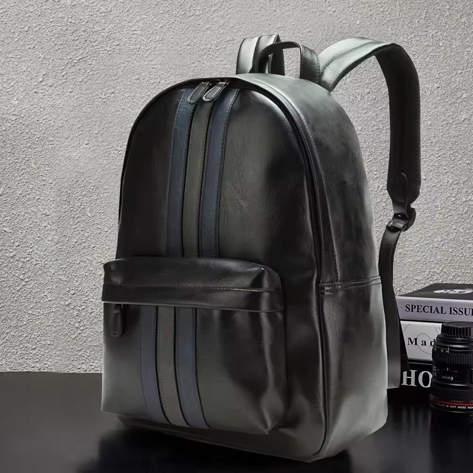 Leather Black Leather Backpack with Stripe Design Size ONE SIZE - 2 Thumbnail