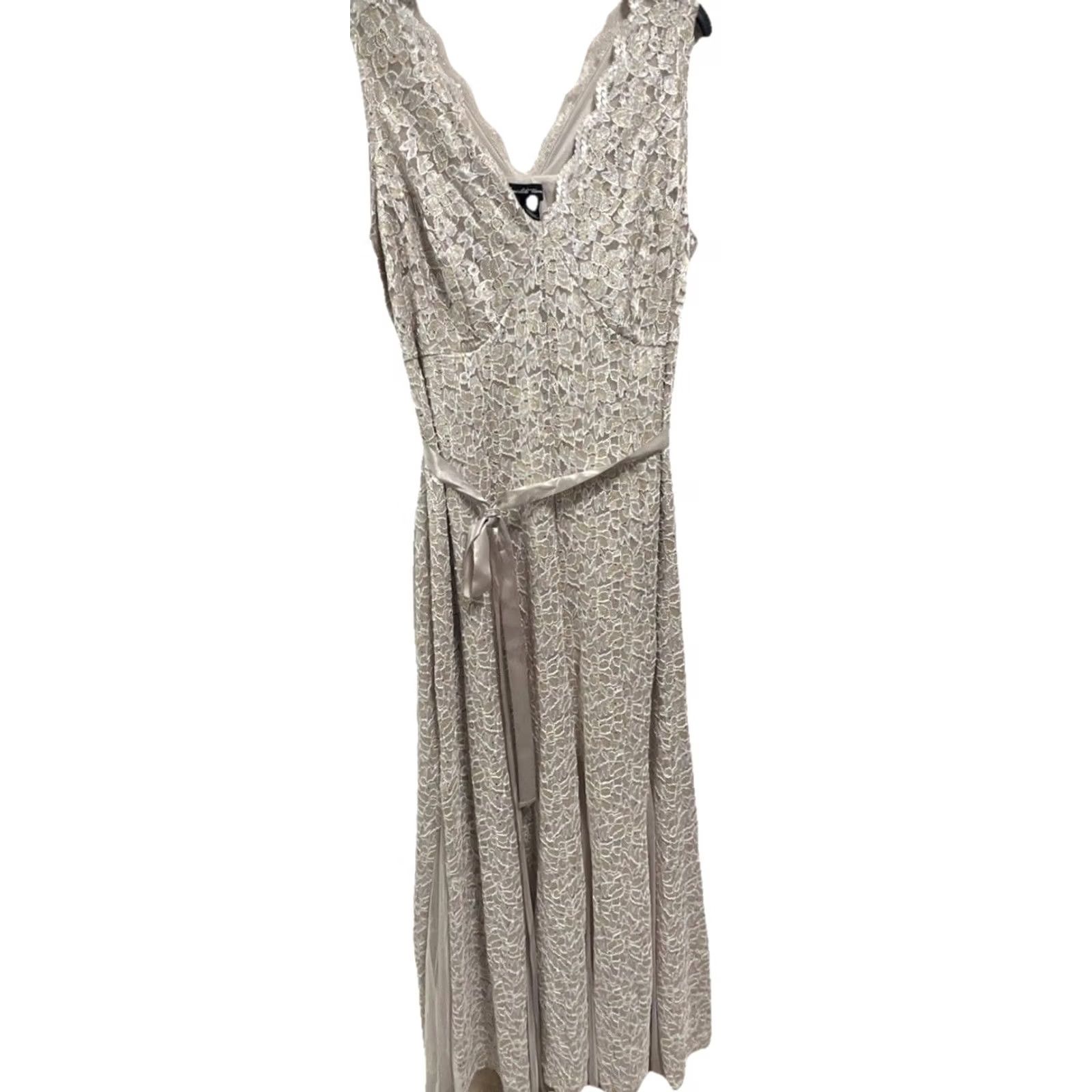 Vintage VINTAGE Candalite Womens Midi Gown Dress Sleeveless Sequin Lace V-Neck Taupe Champagne 2X Size M / US 6-8 / IT 42-44 - 2 Thumbnail