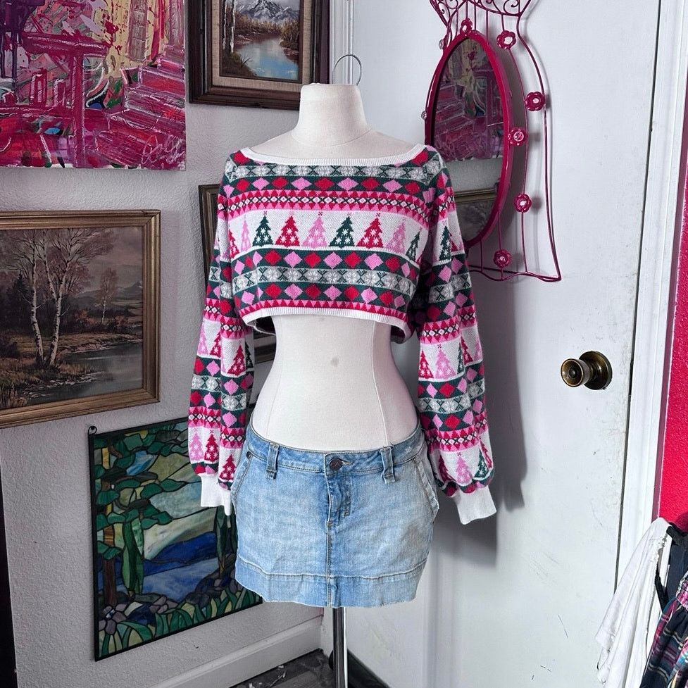 rue21 rue 21 pink white red green christmas knit cropped sweater Size M / US 6-8 / IT 42-44 - 1 Thumbnail