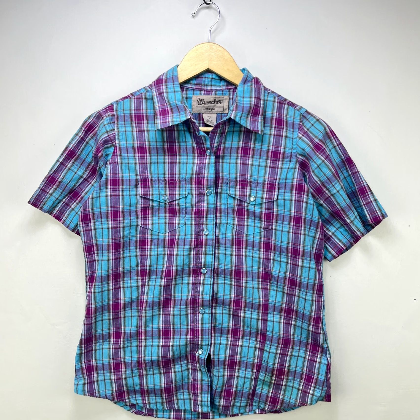 Wrangler VINTAGE Wrangler Pearl Snap Plaid Short Sleeve Shirt Women’s Small Blue Size S / US 4 / IT 40 - 2 Thumbnail