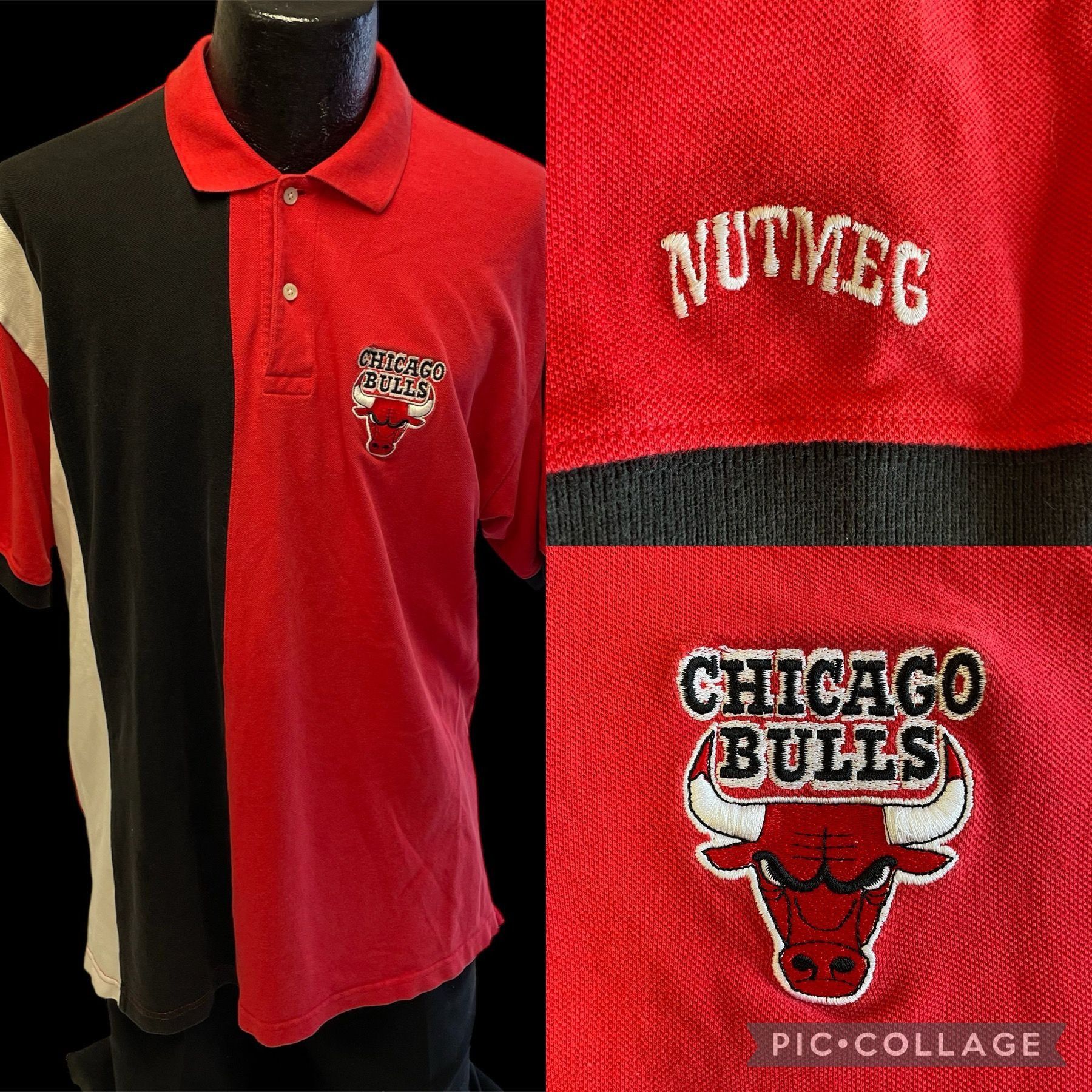 image of 90's Nutmeg Mills Red Black Chicago Bulls Color Block Polo L, Men's (Size Large)