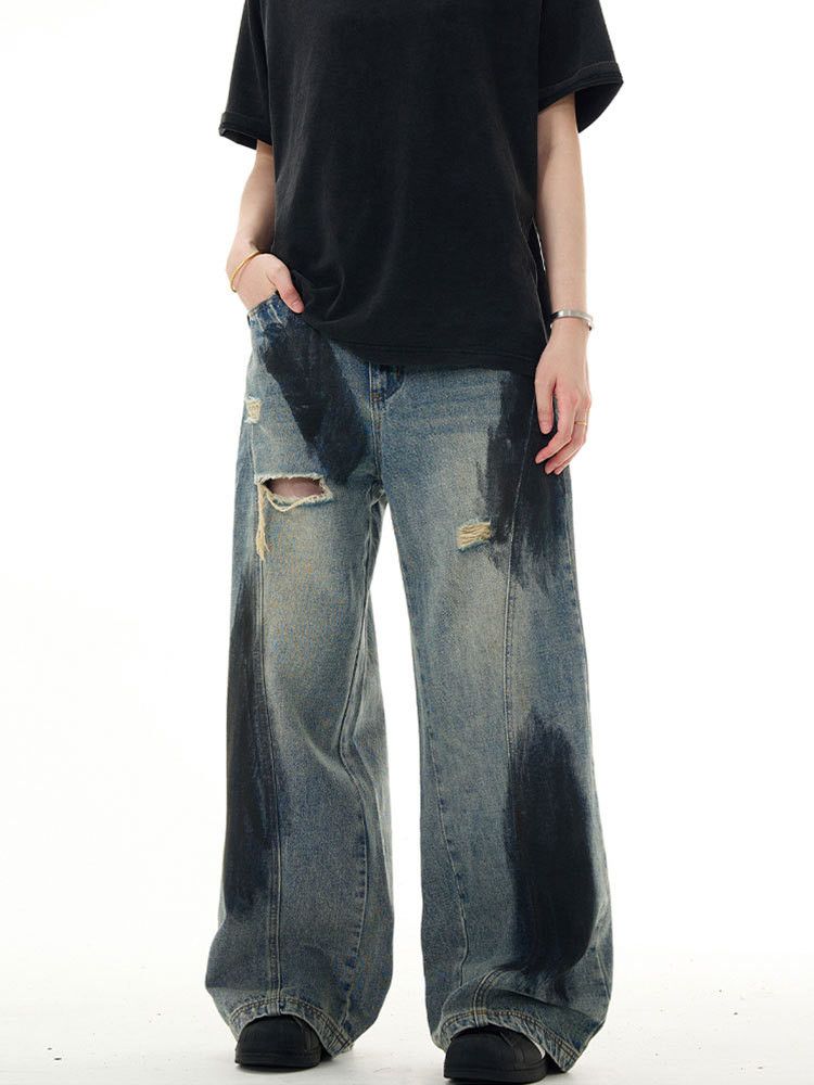 Japanese Brand × Jean Washed distressed ink-splashed loose wide-leg ripped jeans Size US 32 / EU 48 - 3 Thumbnail