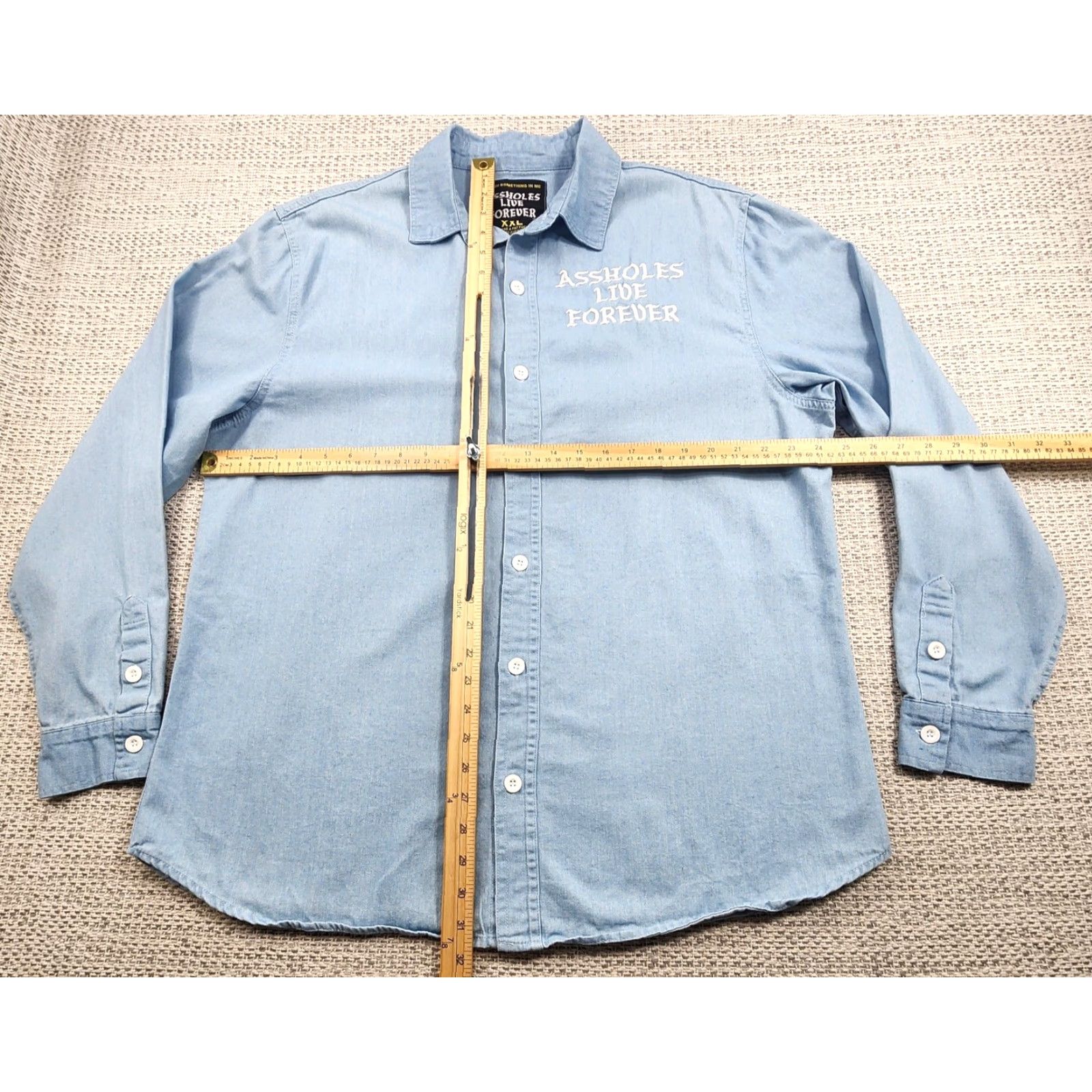 Denime Aholes Live Forever Shirt 2XL Mens Blue Denim Button Up Embroidered Slogan XXL Size US XXL / EU 58 / 5 - 5 Thumbnail