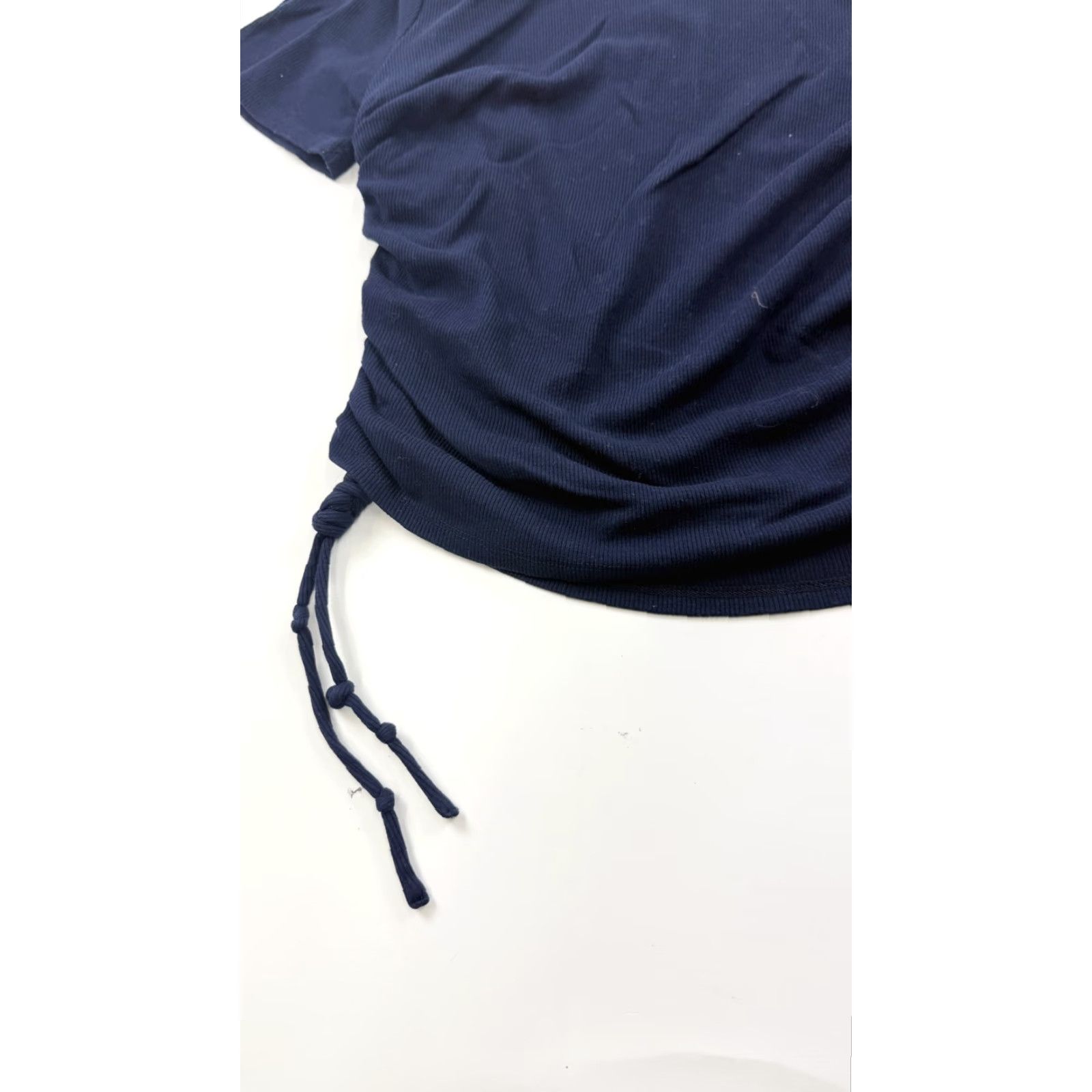 Vintage WAYF Shirt Womens Large Navy Blue Ruched Drawstring Side Ribbed Stretch Tee Top Size L / US 10 / IT 46 - 3 Thumbnail