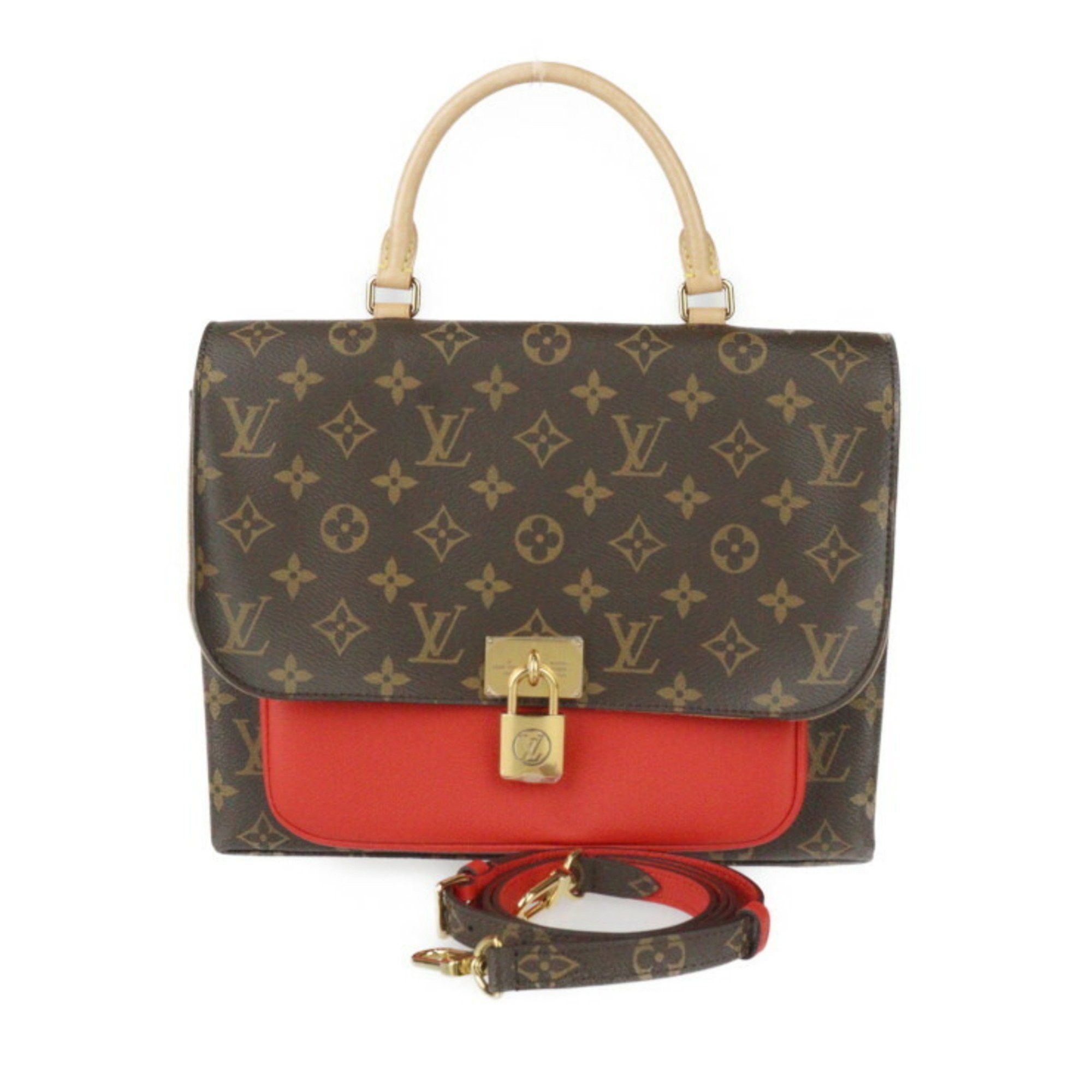 Louis Vuitton Marignan Monogram Handbag M44286 Leather Brown Coquelicot Shoulder Bag Red 2411073010035R1, Women's
