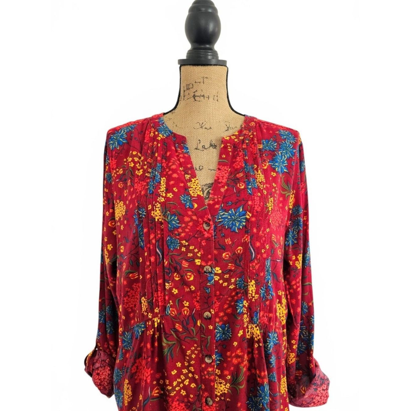 Anthropologie Anthropologie Maeve Floral Pintuck Red Boho Peasant Top Rol Size XL / US 12-14 / IT 48-50 - 2 Thumbnail