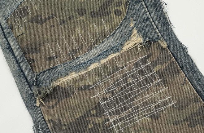 Retro punk distressed camouflage patches flare jeans Denim