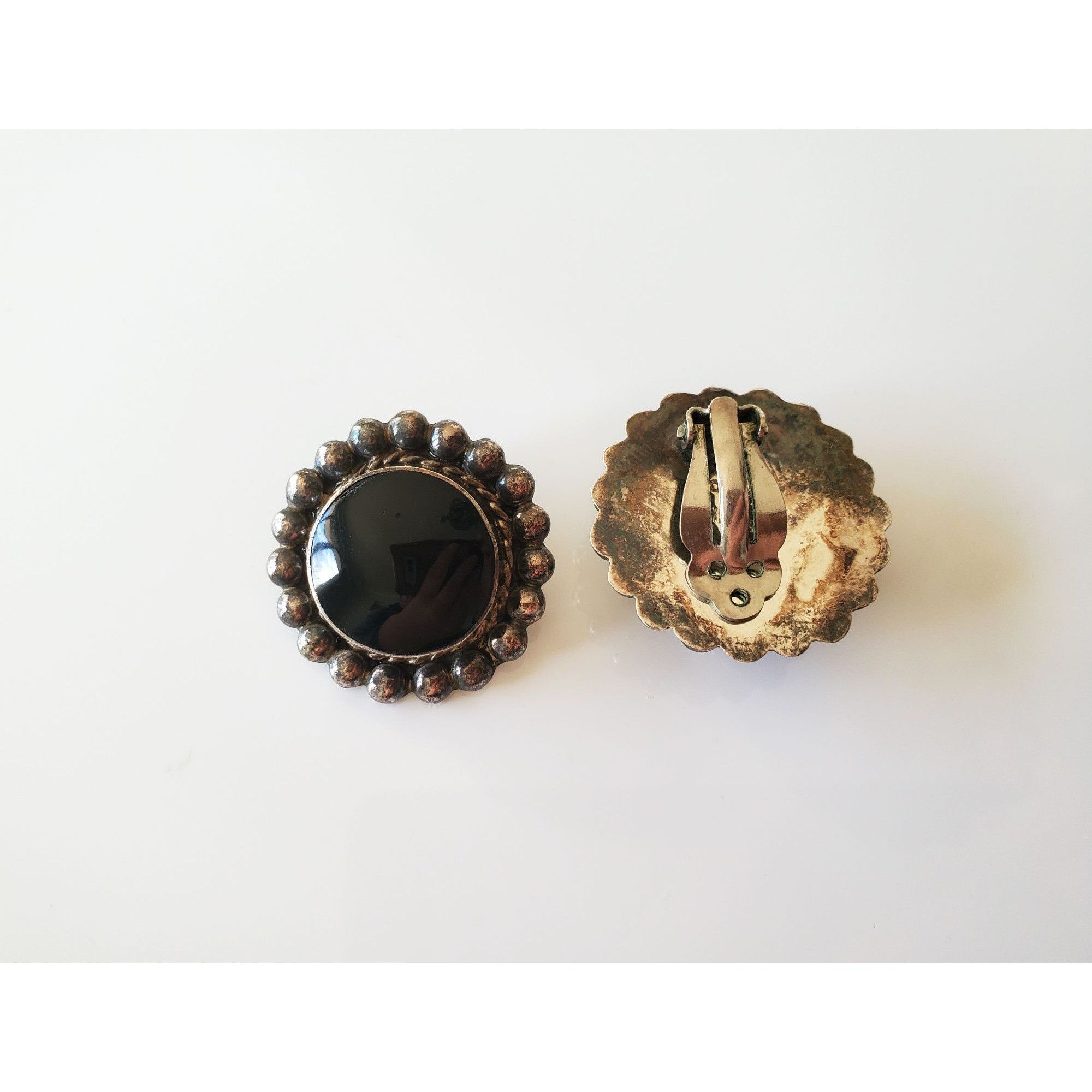 Vintage Vintage Large Sterling Silver Mexico Onyx Clip On Earrings P Size ONE SIZE - 2 Thumbnail