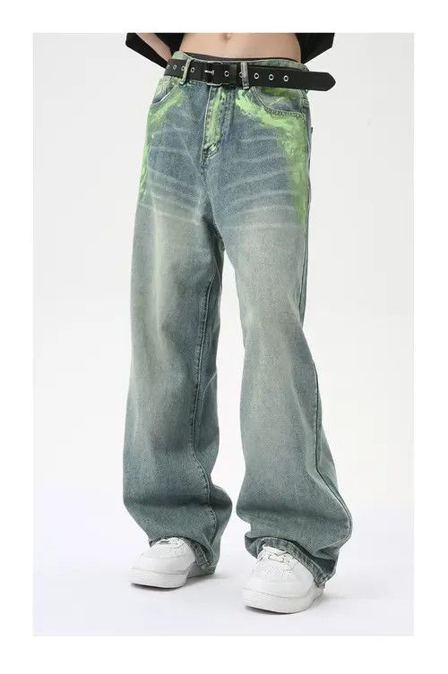 Japanese Brand × Jean Light blue personality ink splash retro straight jeans Size US 32 / EU 48 - 2 Thumbnail