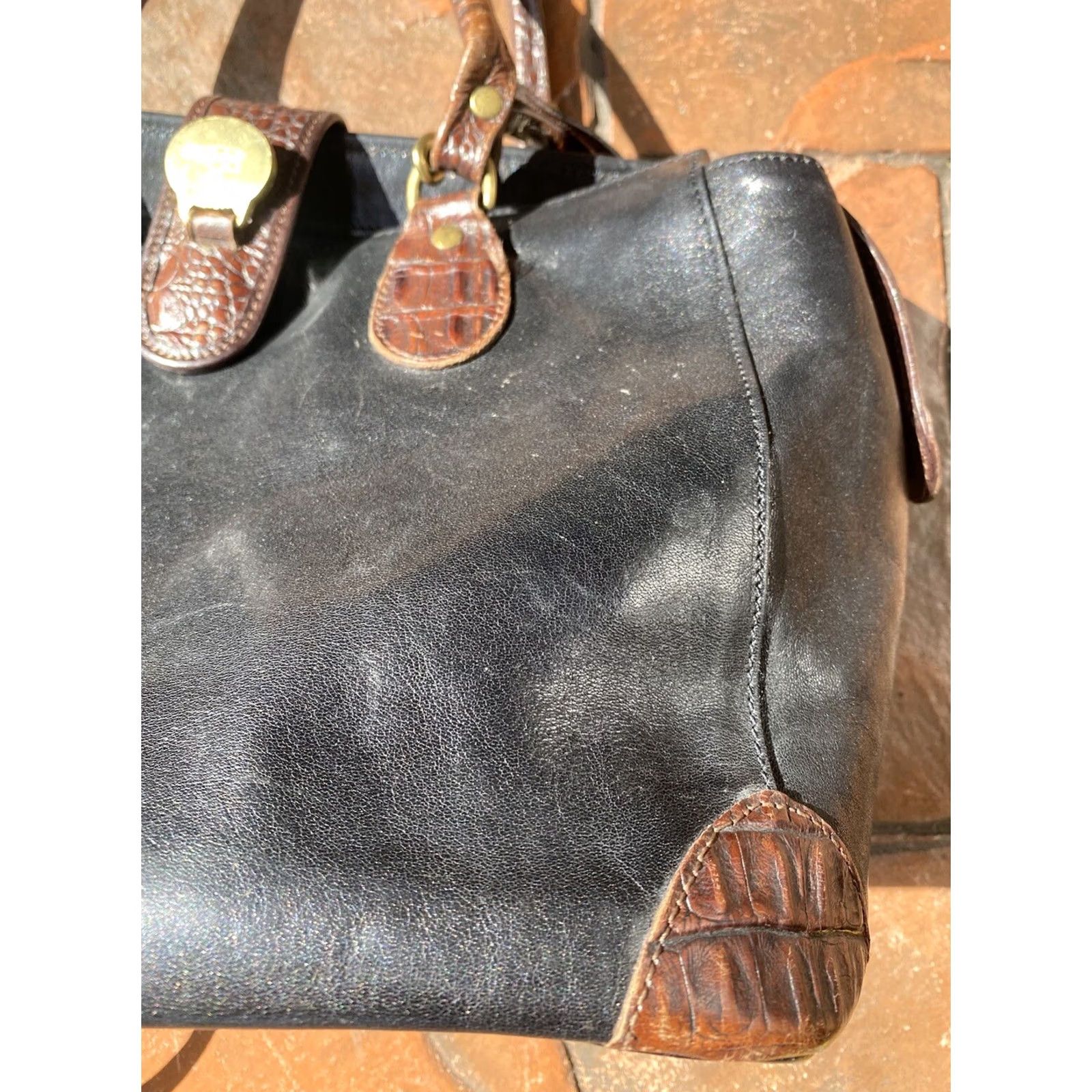 BRAHMIN VINTAGE Brahmin Shoulder Bag Cross Body Leather Tote Handbag Purse Black Ladies Medium Bag Charm Brown Croc Leather Size ONE SIZE - 5 Thumbnail