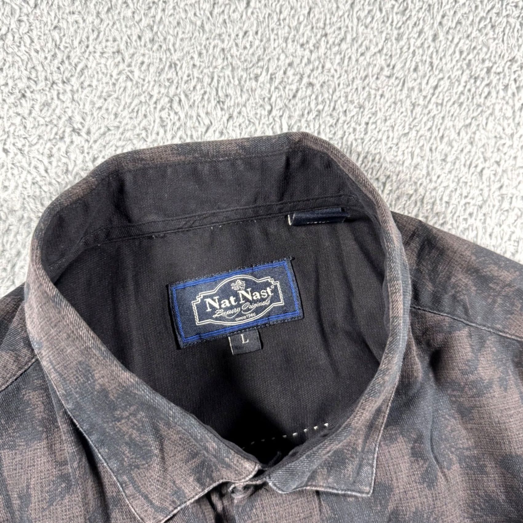 Nat Nast Nat Nast Button Up Shirt Mens Large Grey Silk Cotton Palm Tree Tropical S/S Size US L / EU 52-54 / 3 - 5 Thumbnail