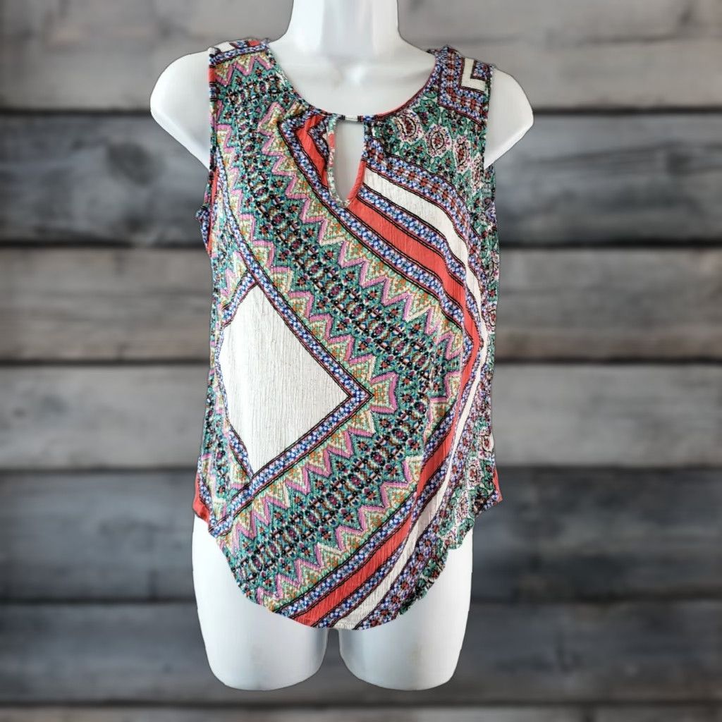 Pinko Renee C Womens Blouse Shirt Sleeveless Pink Teal Round Neck Size L Rayon Size L / US 10 / IT 46 - 1 Thumbnail