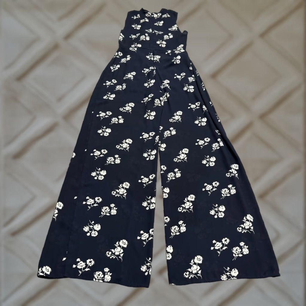 Vintage Honey Punch Jumpsuit Wide Leg Sleeveless Womens Small Navy Blue Floral Summer Size 28" / US 6 / IT 42 - 1 Thumbnail