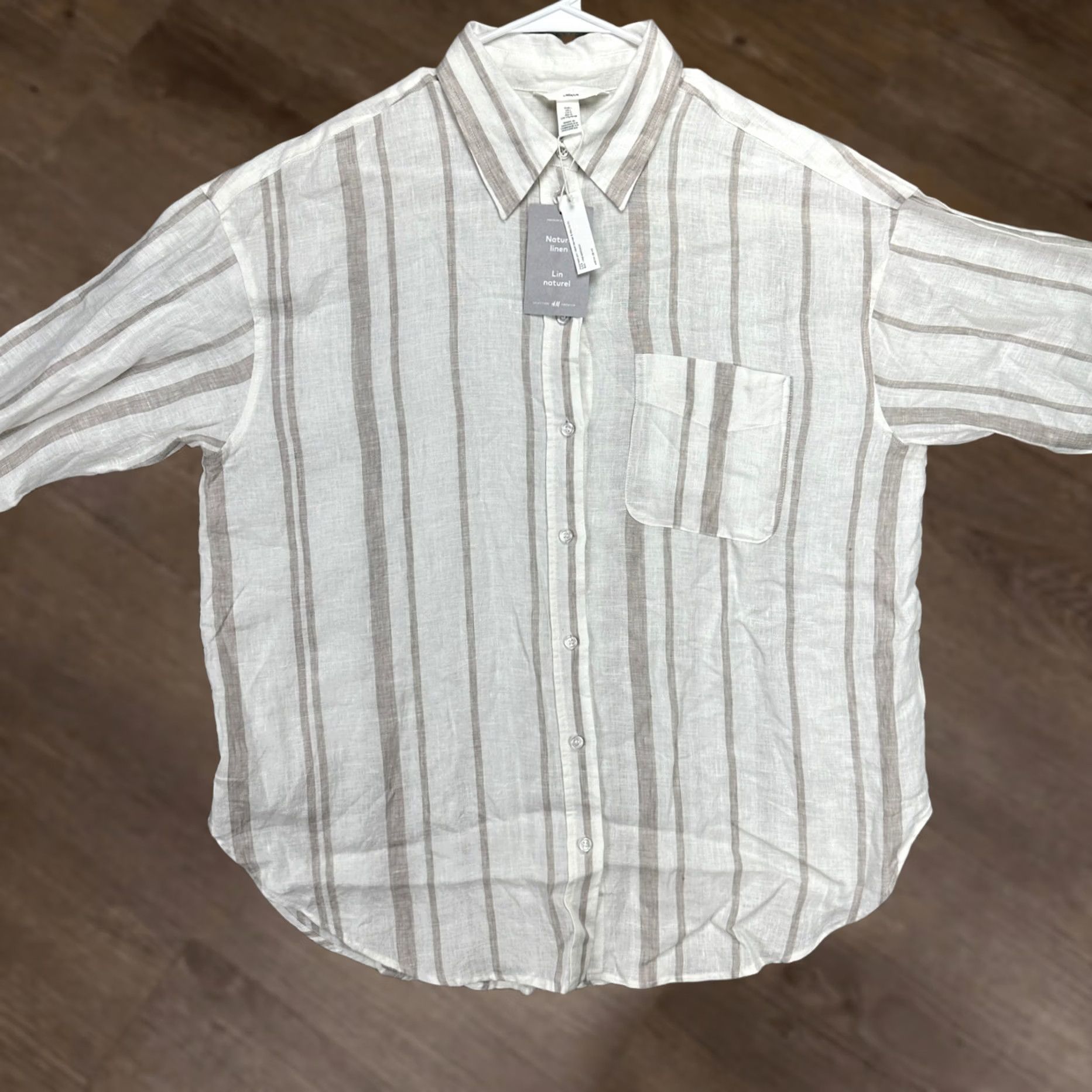 H&M H&M Womens Linen Button Up Shirt Large White Brown Striped Long Sleeve Top NEW Size L / US 10 / IT 46 - 1 Thumbnail