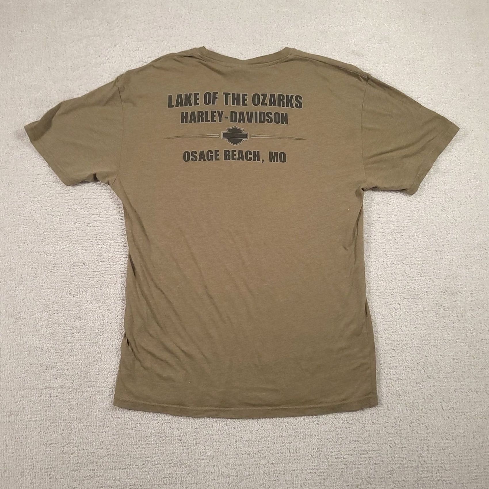 Harley Davidson Harley-Davidson Shirt Mens L Olive Green Lake Of The Ozarks Motorcycle Graphic Graphic Print Crew Neck Short Sleeve T-Shirt Biker Mens Size US L / EU 52-54 / 3 - 6 Thumbnail