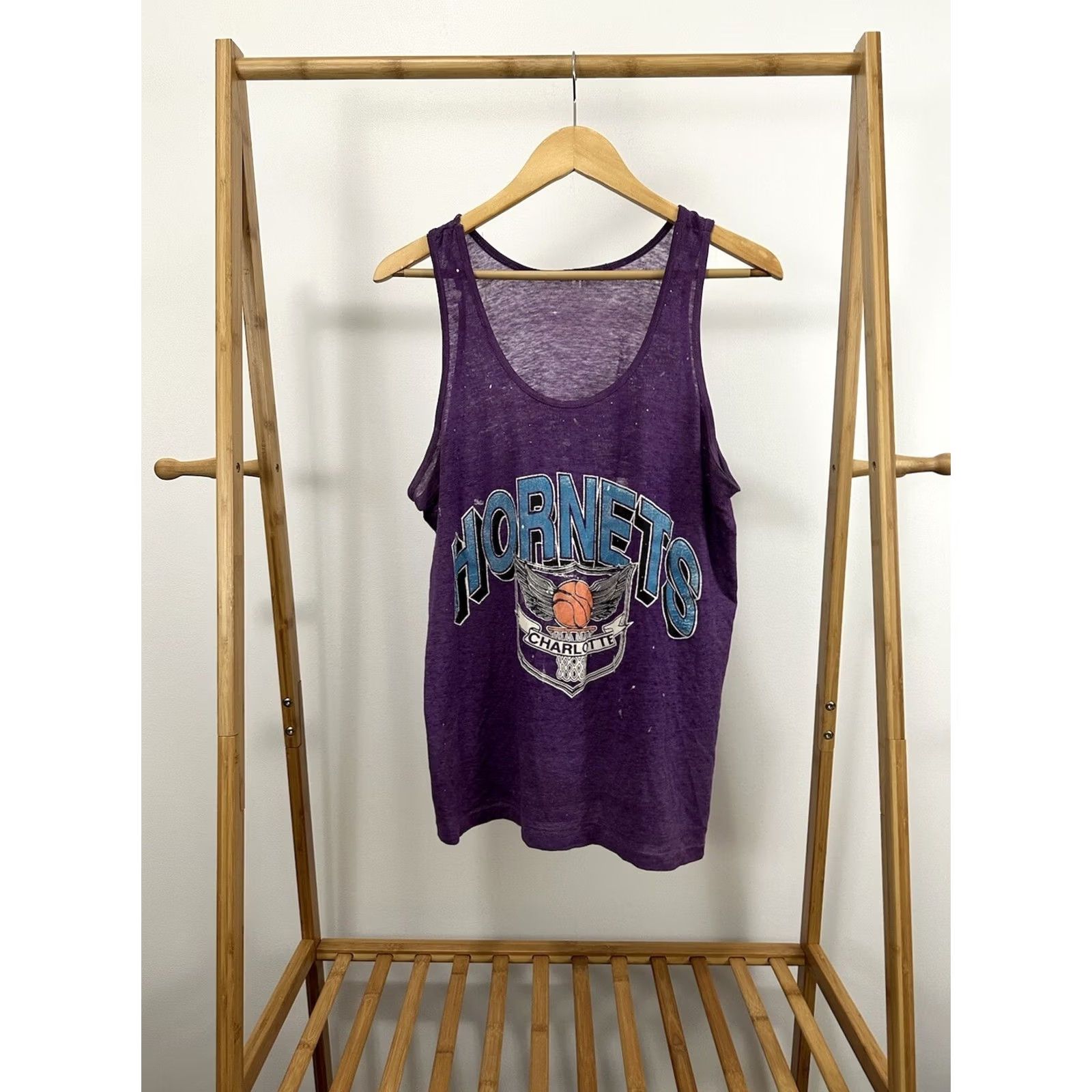 Vintage VTG 80s Charlotte Hornets Super Paper Thin Worn Burnout Purple Tank Top Shirt L Mens Purple Burnout Distressed NBA Hornets 80s VTG Rare Size US L / EU 52-54 / 3 - 2 Thumbnail