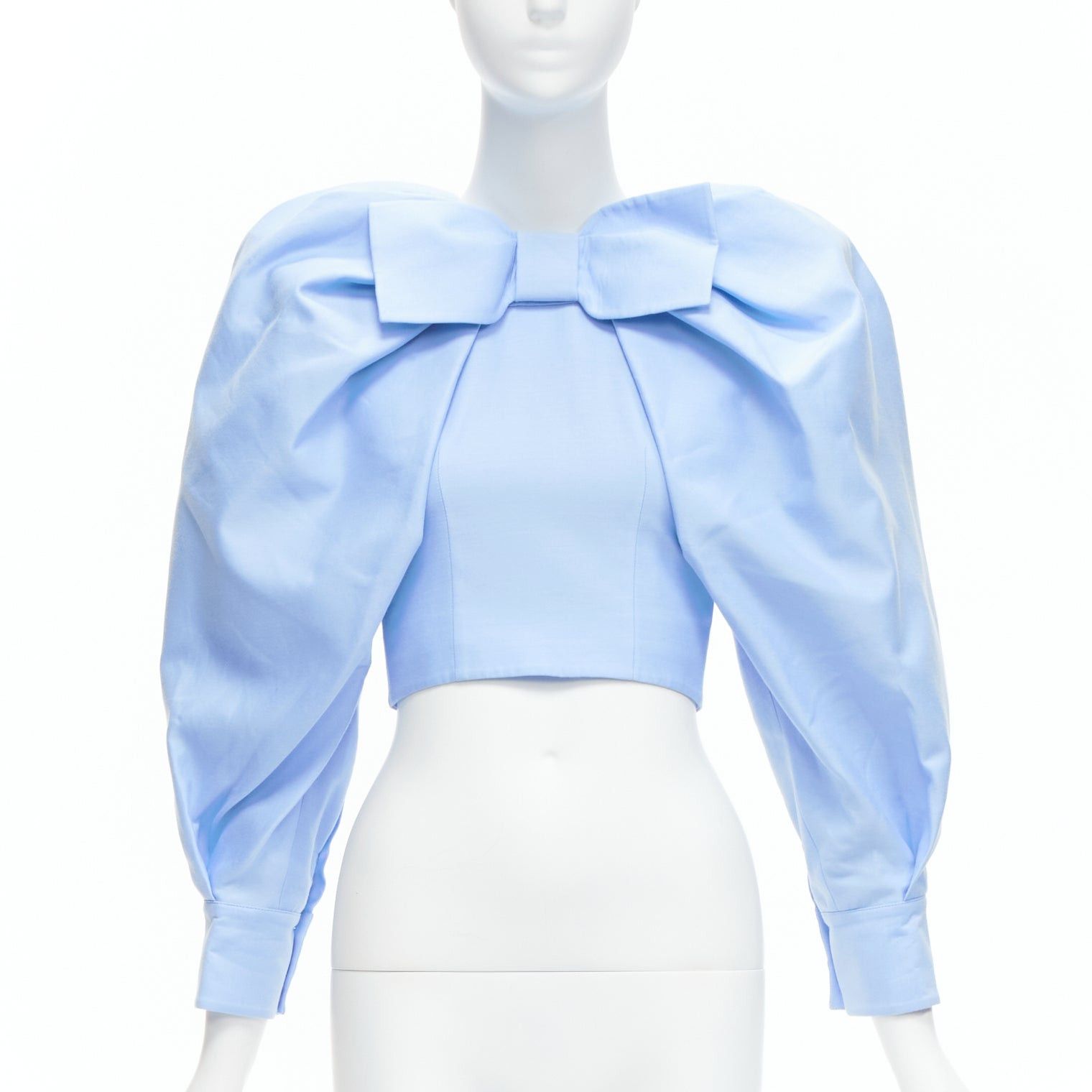Shushu/Tong SHUSHU TONG blue cotton silk bow puff sleeve fitted cropped top UK6 XS Size XS / US 0-2 / IT 36-38 - 1 Thumbnail