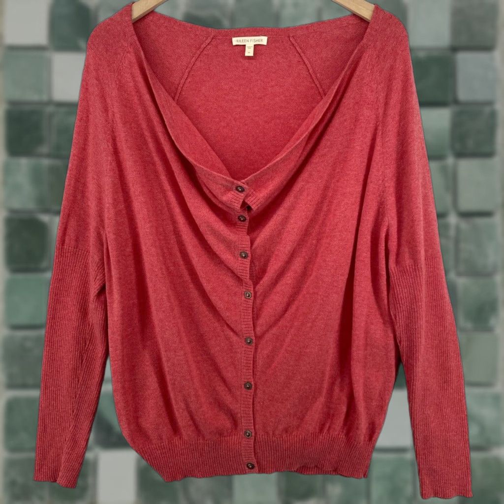 EILEEN FISHER Cardigan Women M Pink Organic Cotton Draped Cowl Button Front Long Sleeve Knit
