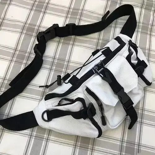 Harajuku Techwear Canvas Sling Bag in White, Men's