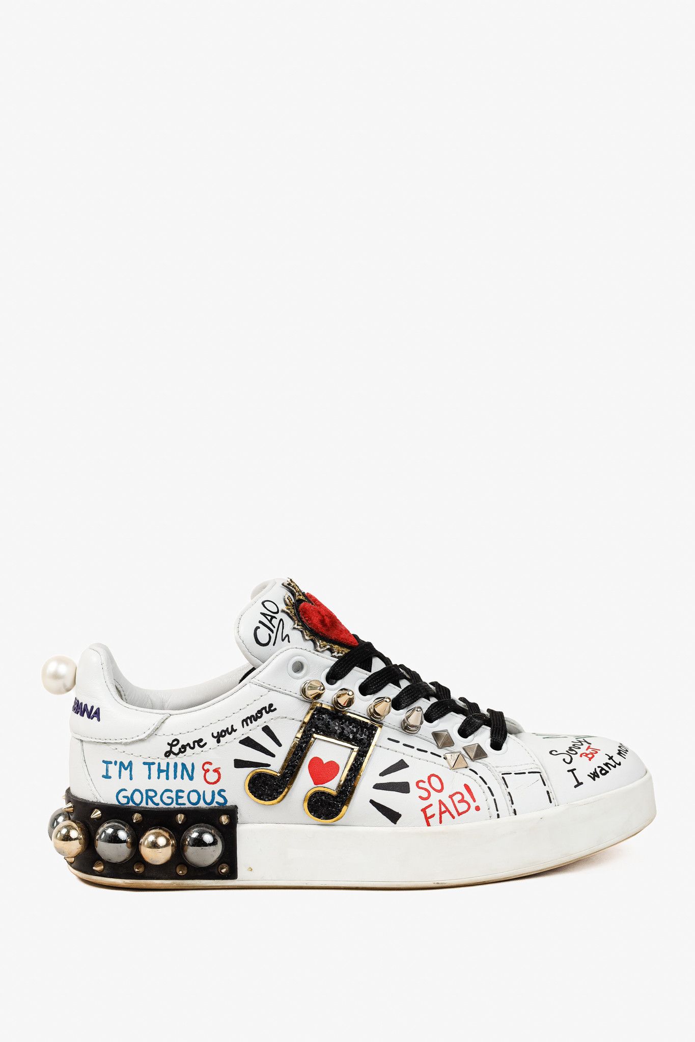 Dolce & Gabbana Dolce & Gabbana White Leather Musical Note Patch Sneakers Size US 7 / IT 37 - 1 Thumbnail