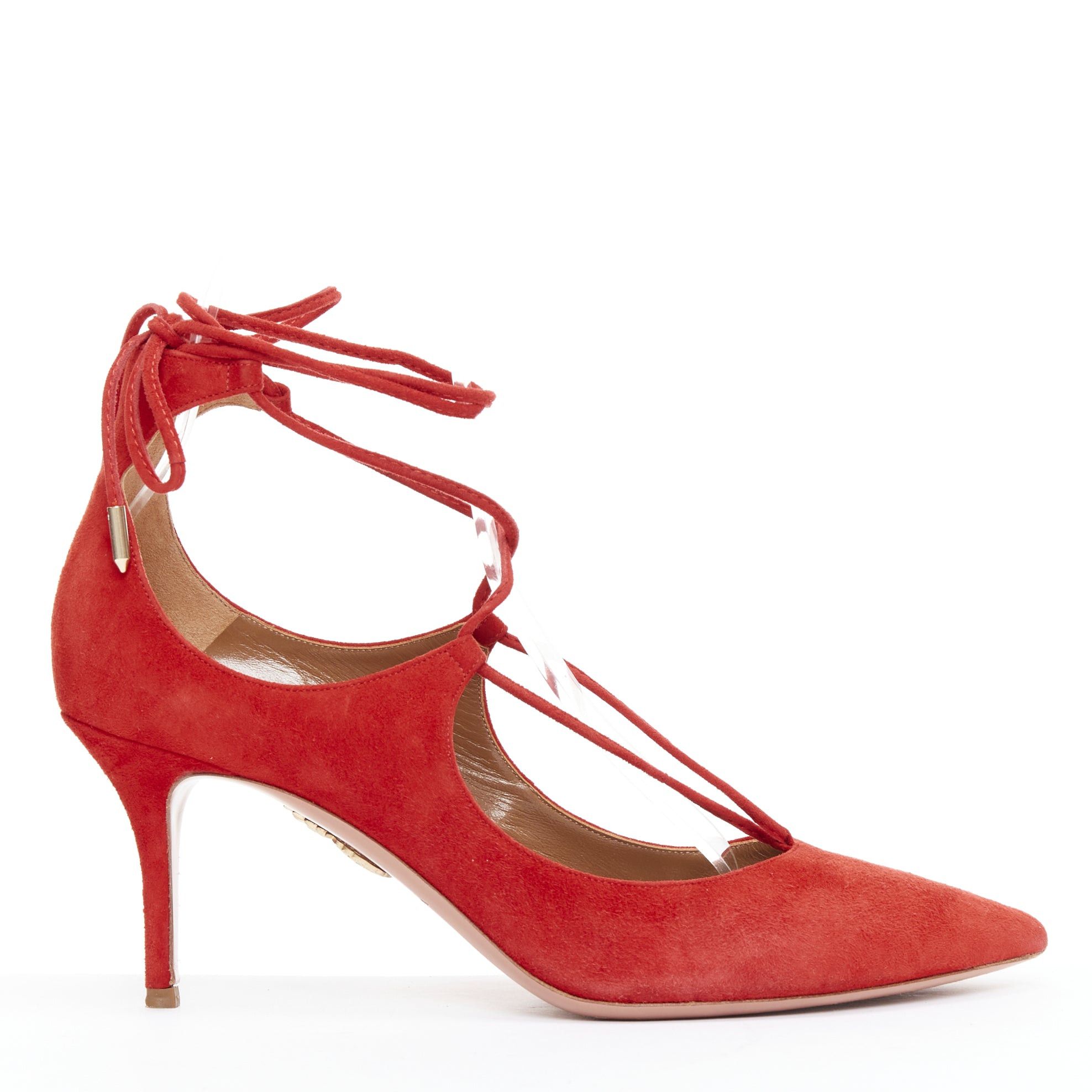 Aquazzura AQUAZZURA Christy 75 red suede leather lace up mid pumps EU39.5 Size US 9.5 / IT 39.5 - 1 Thumbnail