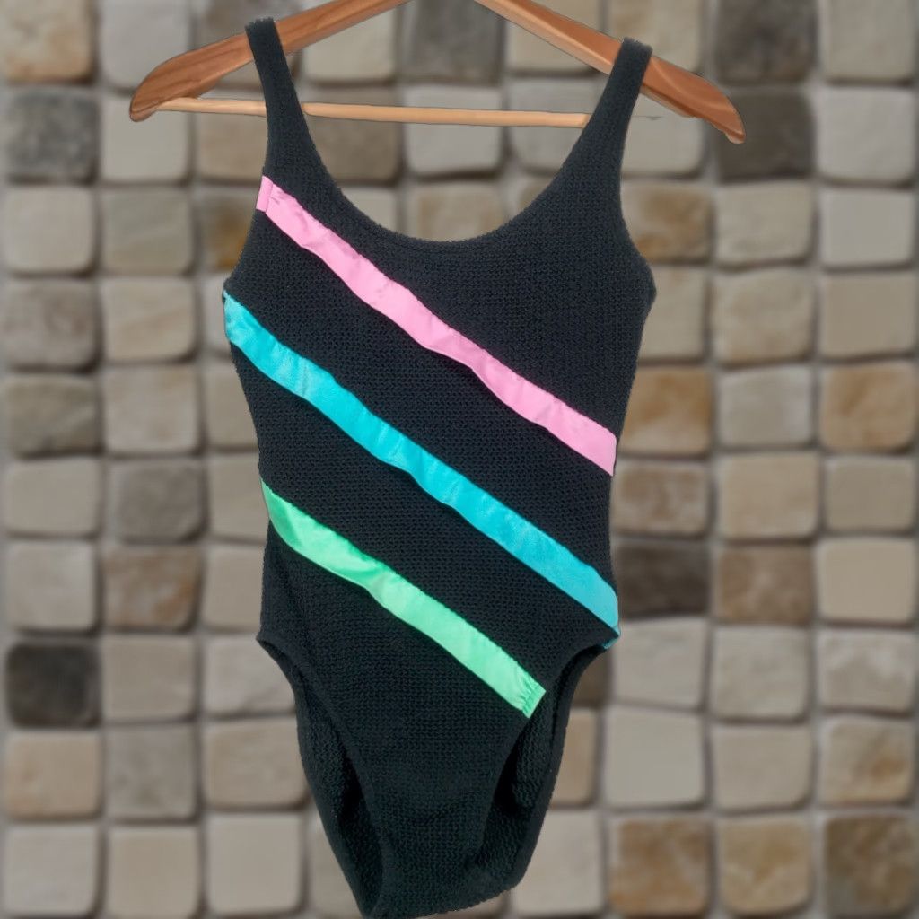 Vintage VINTAGE Mainstream Women's Swimsuit One Piece Adult Size 10 Black Pastel Stripe Woven Union Made 90s Size L / US 10 / IT 46 - 1 Thumbnail