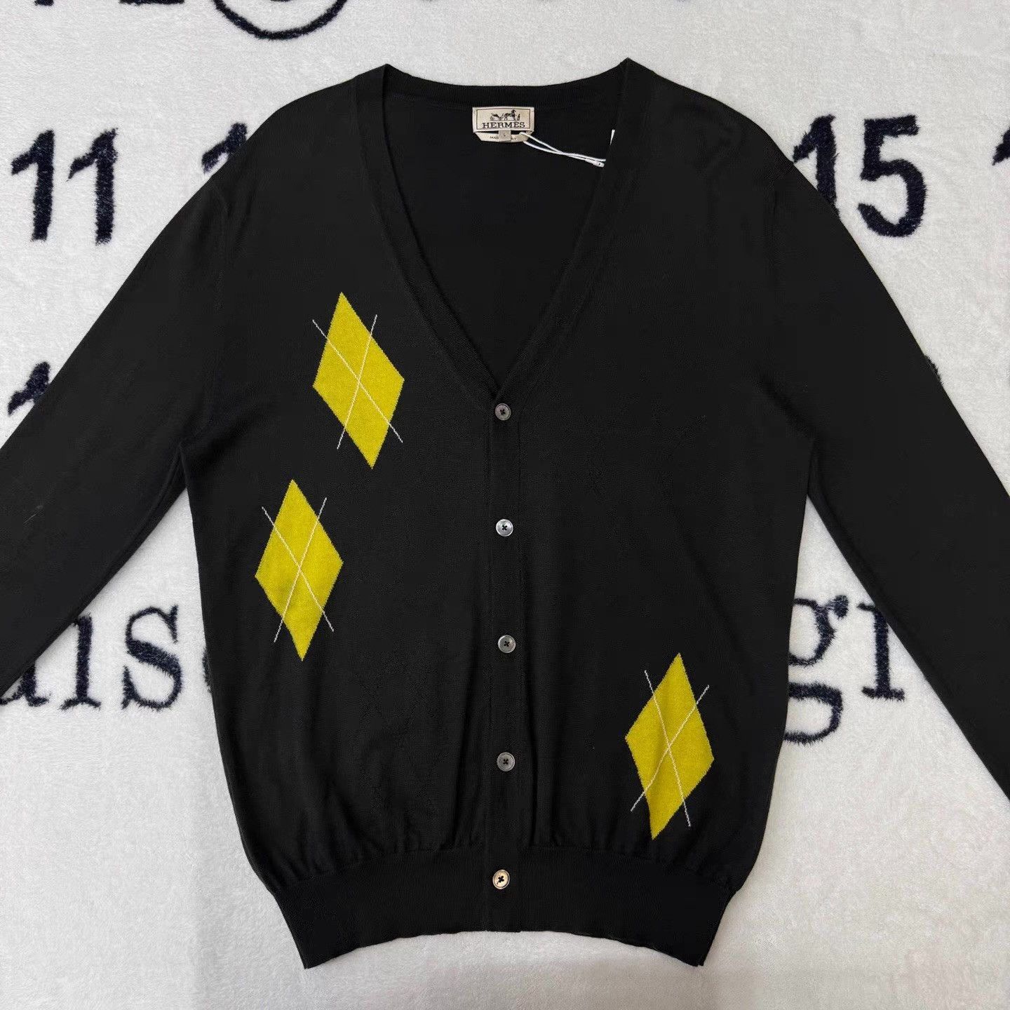 Hermes Black Cardigan with Yellow Diamond Patterns, Long Sleeve Size US L / EU 52-54 / 3 - 1 Thumbnail