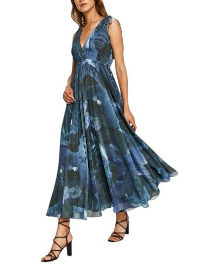 MAX&Co. M Dark Blue Floral Print V-Neck Sleeveless Midi Dress 89036 Size M / US 6-8 / IT 42-44 - 1 Thumbnail