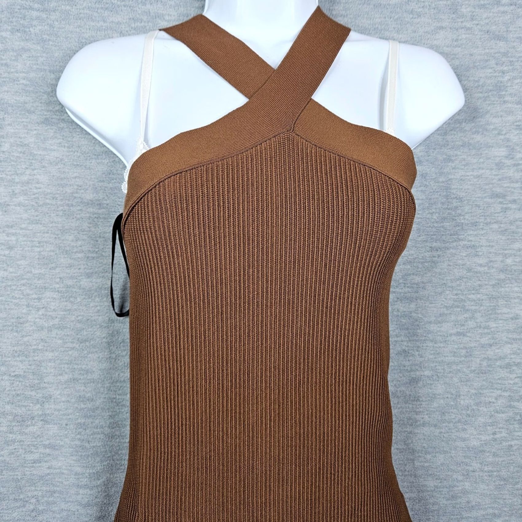 Aritzia Aritzia Babaton Brown Sculpt Ribbed Knit Cross Halter Mini Dress M Body Women Short Sleeve Seasonal All Size M / US 6-8 / IT 42-44 - 7 Thumbnail