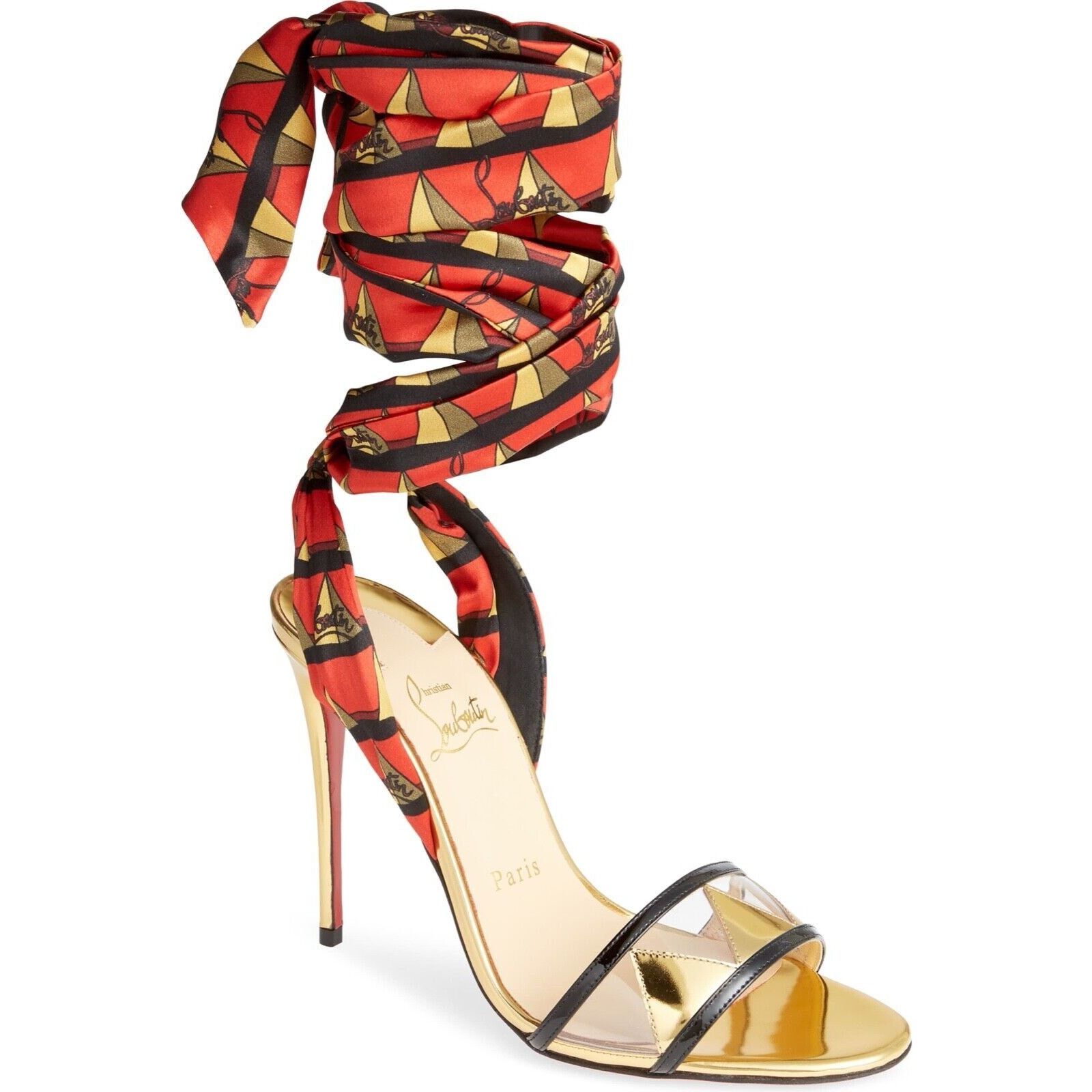 Christian Louboutin Baigneuse 100 Black Gold Red Lace Up Sandal Heel Pump 37.5 Size US 7.5 / IT 37.5 - 1 Thumbnail