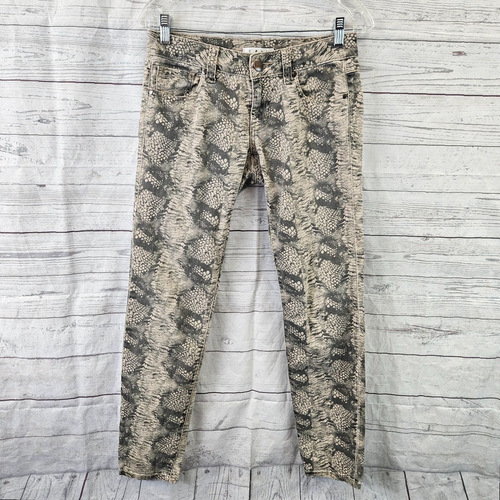 Vintage Cabi 958 Womens Diamondback Snakeskin Skinny Jeans Sz 0 Tan Low Rise Denim Skirt? Wait not Size 25" / US 0 / IT 36 - 2 Thumbnail
