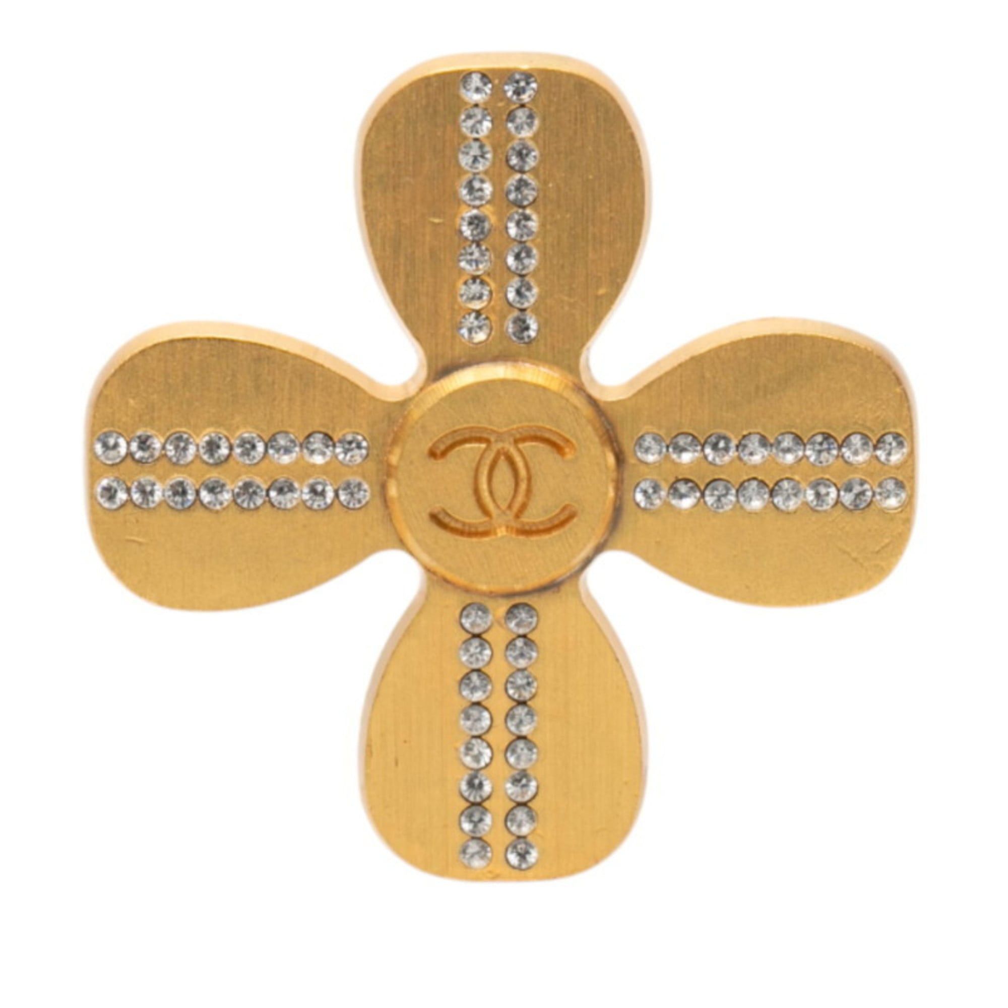 Chanel Chanel Coco Mark Clover Brooch, Gold Plated with Rhinestones, Women's Size ONE SIZE - 1 Thumbnail