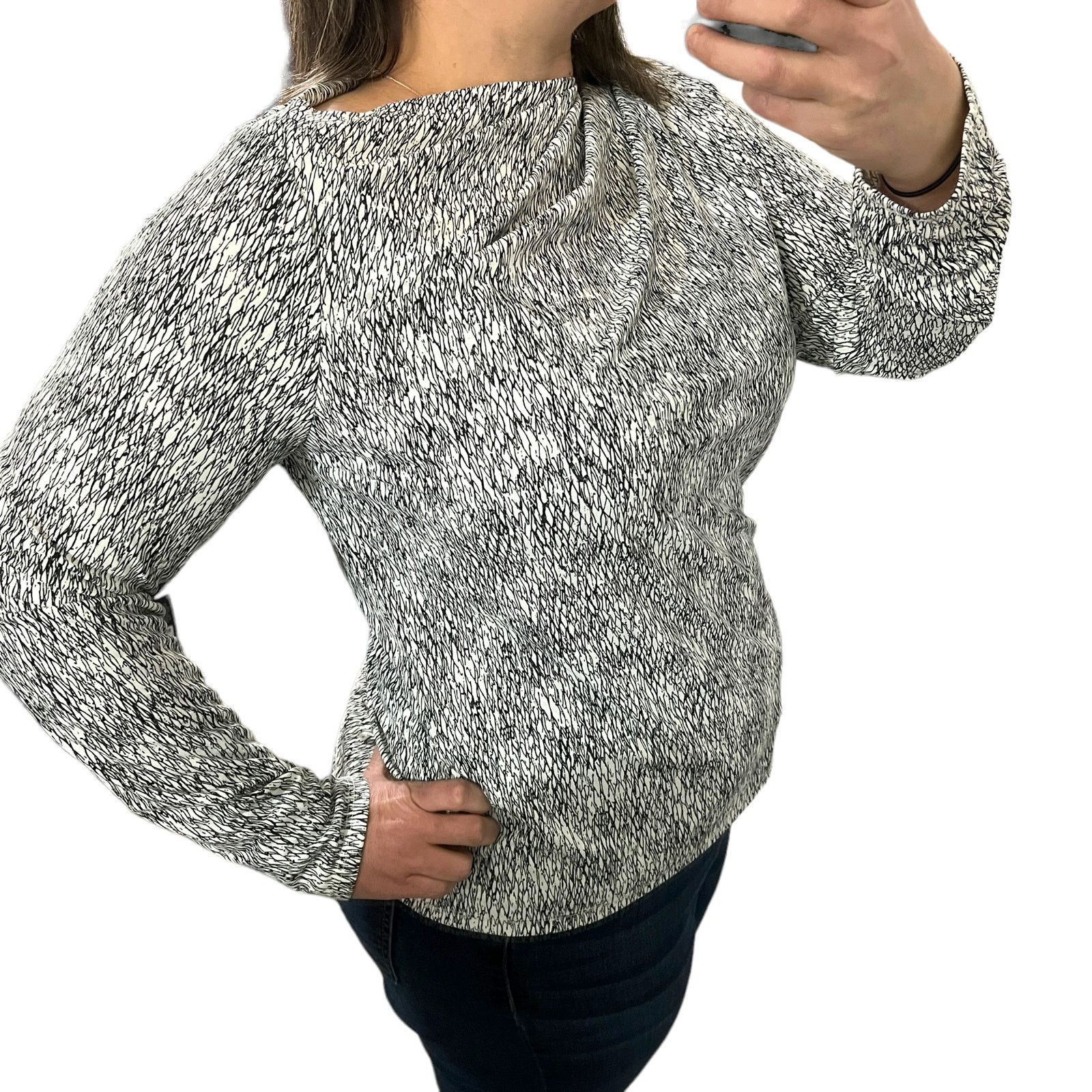 Worthington Scribble Geometric Asymmetric Ruched Neck Long Sleeve Blouse Size L / US 10 / IT 46 - 5 Thumbnail