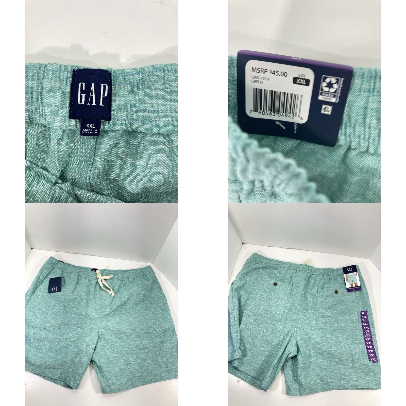 Gap VINTAGE? (No) Gap Linen Pull On Shorts Men 2XL 42X10 Green Elastic Waist Drawstring Pockets Shirt? Size US 39 - 8 Thumbnail
