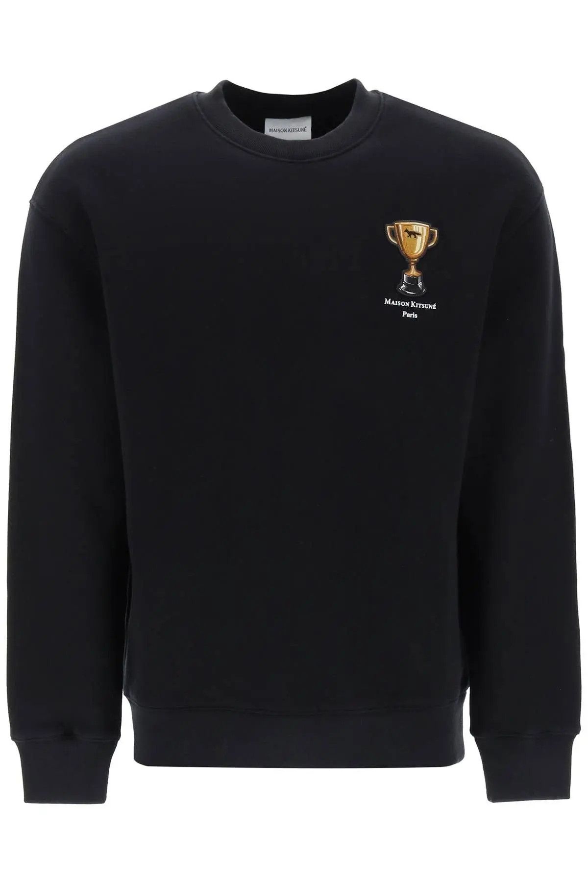 image of Maison Kitsune O1S22I1N0324 Trophy Embroidery Crewneck Sweatshirt In Black, Men's (Size Small)