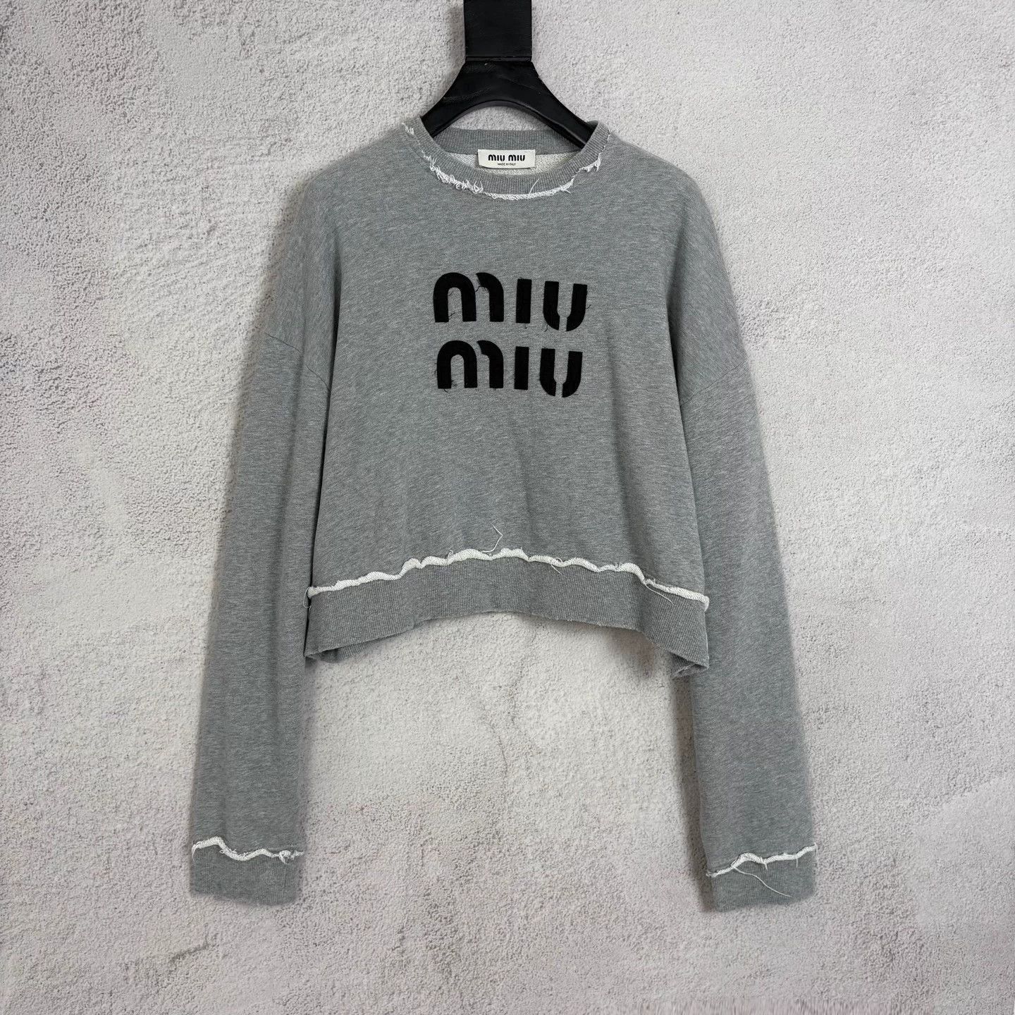 Miu Miu MIU MIU Gray Frayed Embroidered LS Sweatshirt S Size S / US 4 / IT 40 - 1 Thumbnail